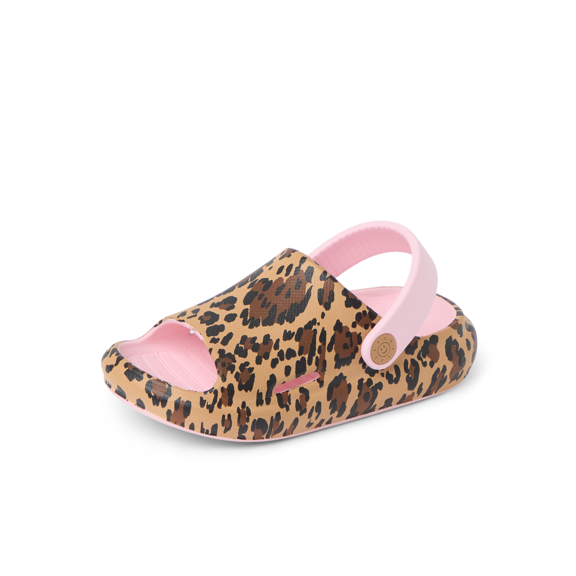 Little Rio Slide facing left, cheetah print with pink strap, close-up of front and side showing comfort-focused design.