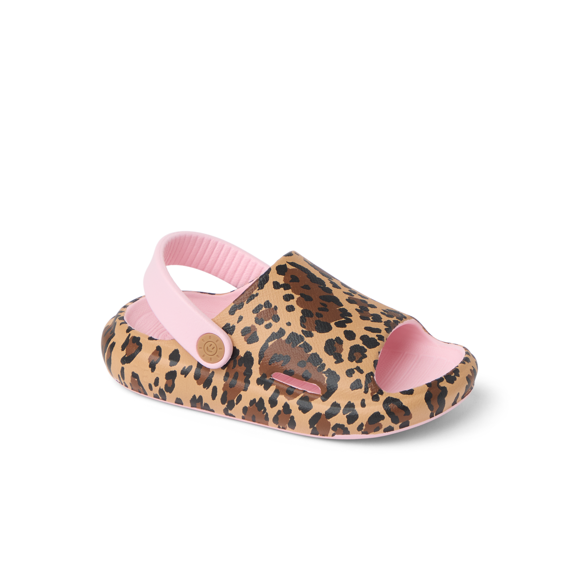 Little Rio Slide leopard print unisex toddler slide facing right with cushioned footbed and pink heel strap for comfort.