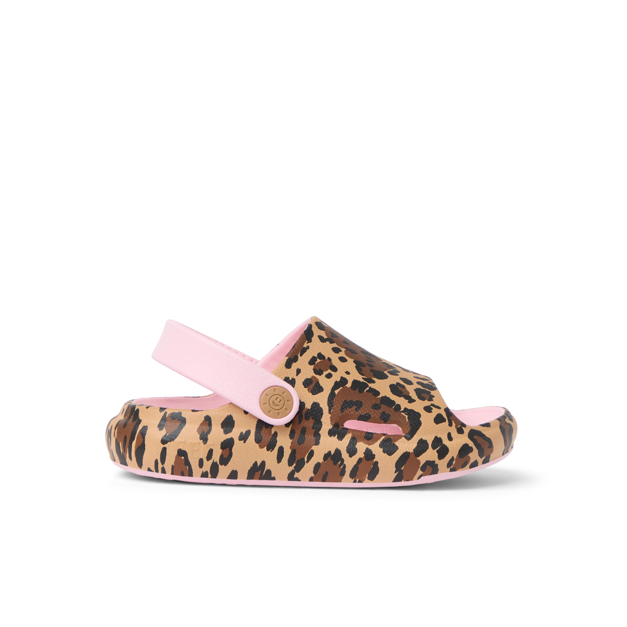 Little Rio Slide leopard print water-friendly slide facing right with back strap, soft cushioning, and arch support for kids.