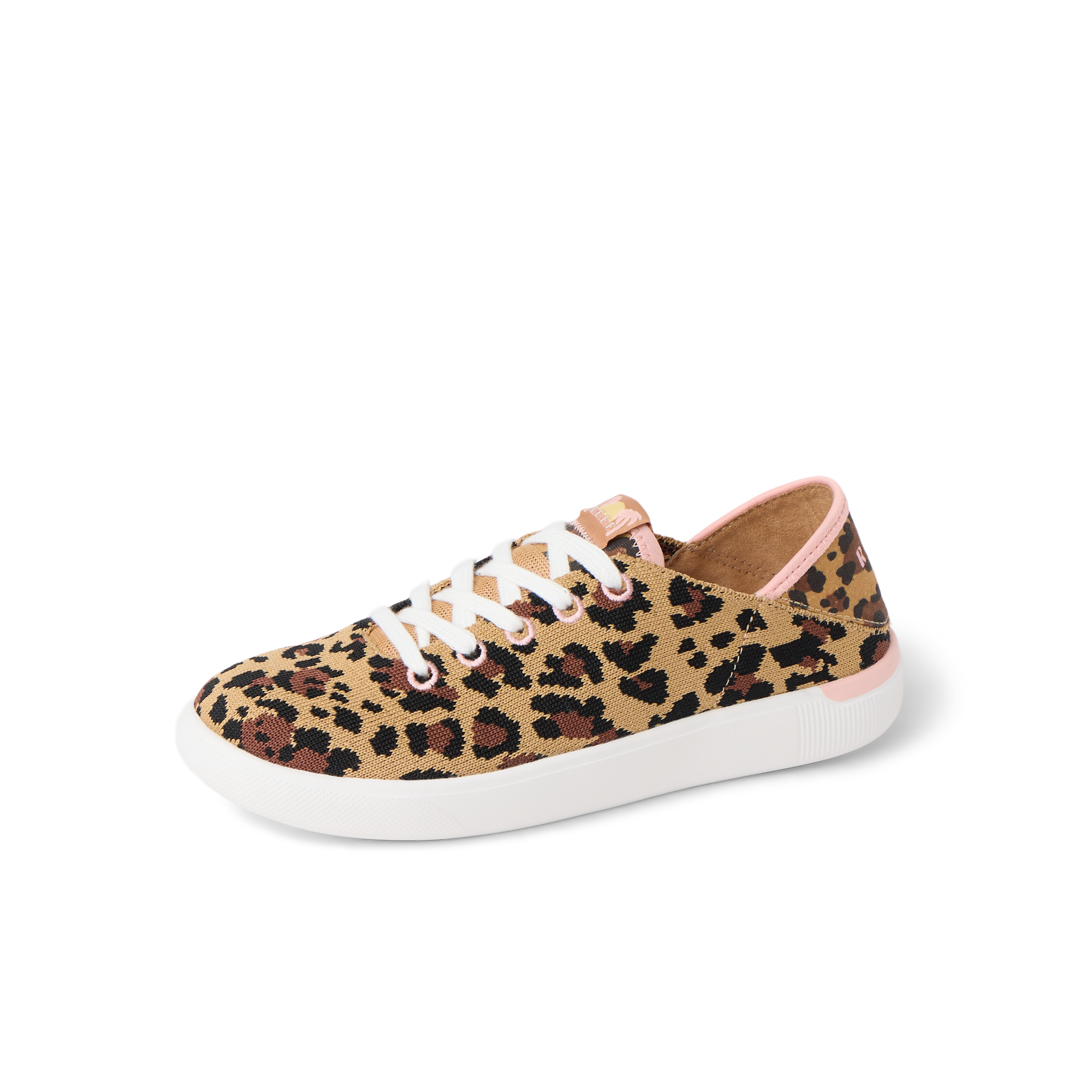 Kids Neptune unisex left-facing sneaker with leopard print, white sole, and pink trim, designed for comfort and durability.