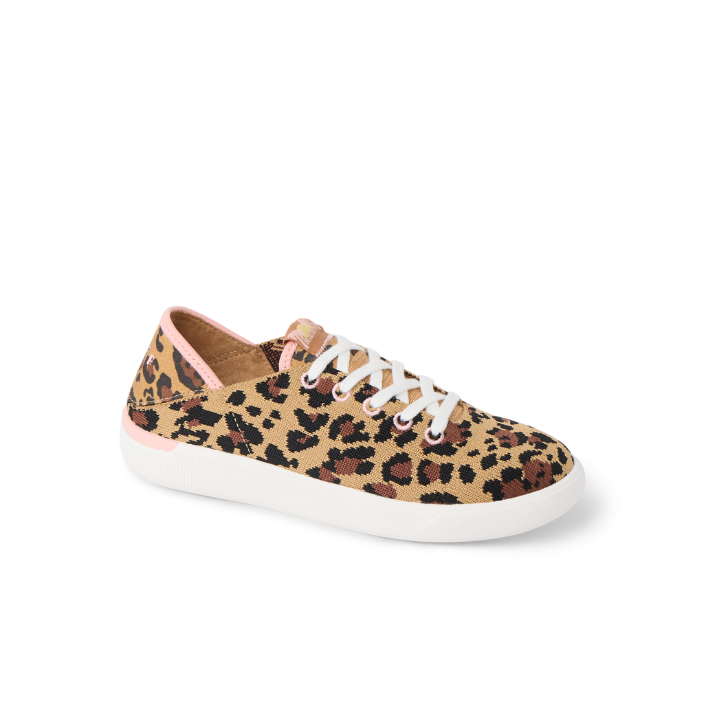 Kids Neptune left-facing sneaker with leopard print, white sole, and comfort features for active beach lifestyles.