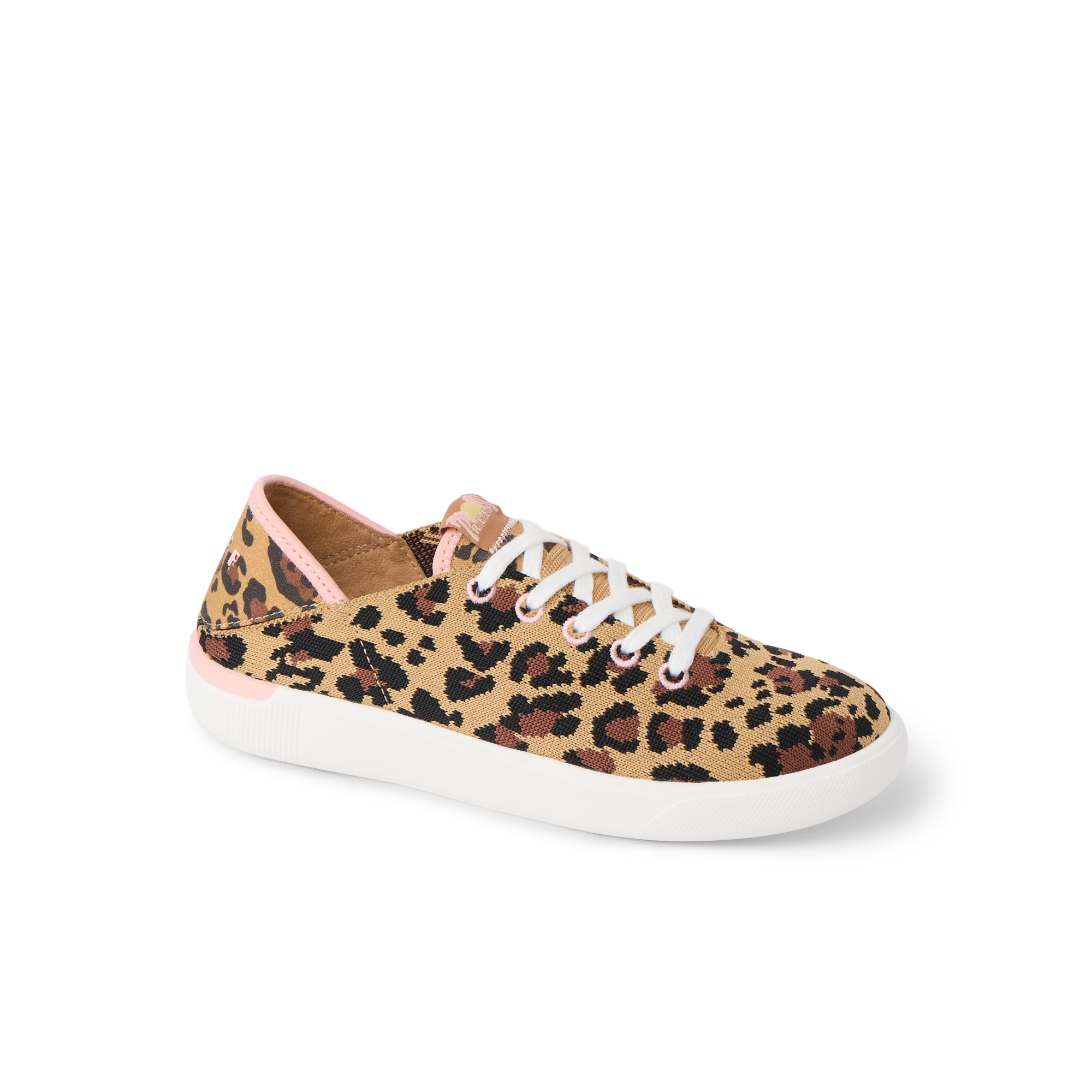 Kids Neptune left-facing sneaker with leopard print, white sole, and comfort features for active beach lifestyles.