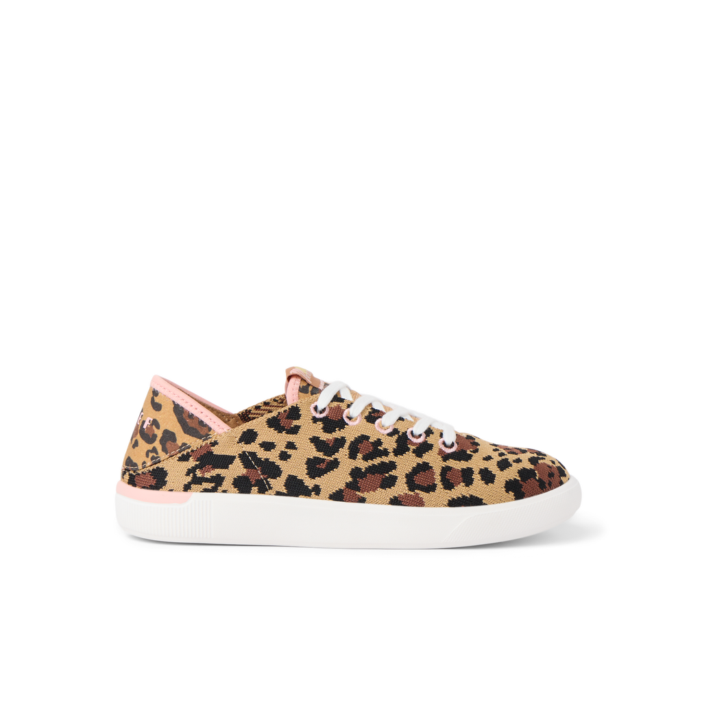 Kids Neptune leopard print sneaker facing right, featuring lightweight design with soft-rebound cushioning and arch support.