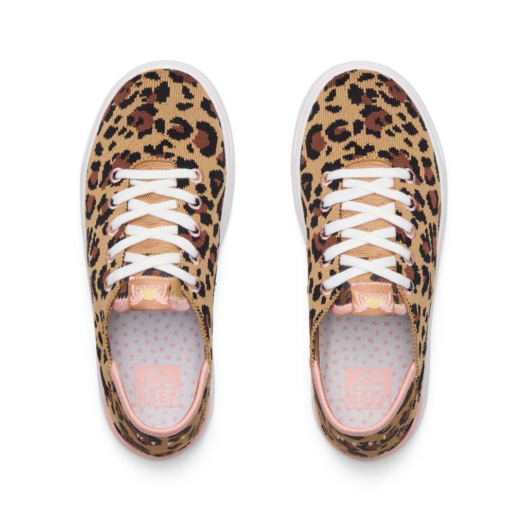 Kids Neptune unisex leopard print sneakers, top view showing laces and cushioned insoles with anatomical arch support.