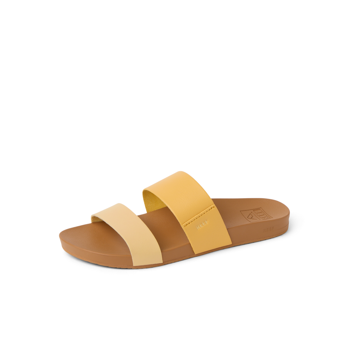 Cushion Vista women's sandal facing right, featuring dual golden apricot straps with soft-rebound cushioning and arch support.