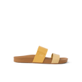 Cushion Vista women's sandal facing right with golden apricot straps, soft cushioning, and arch support for beach comfort.