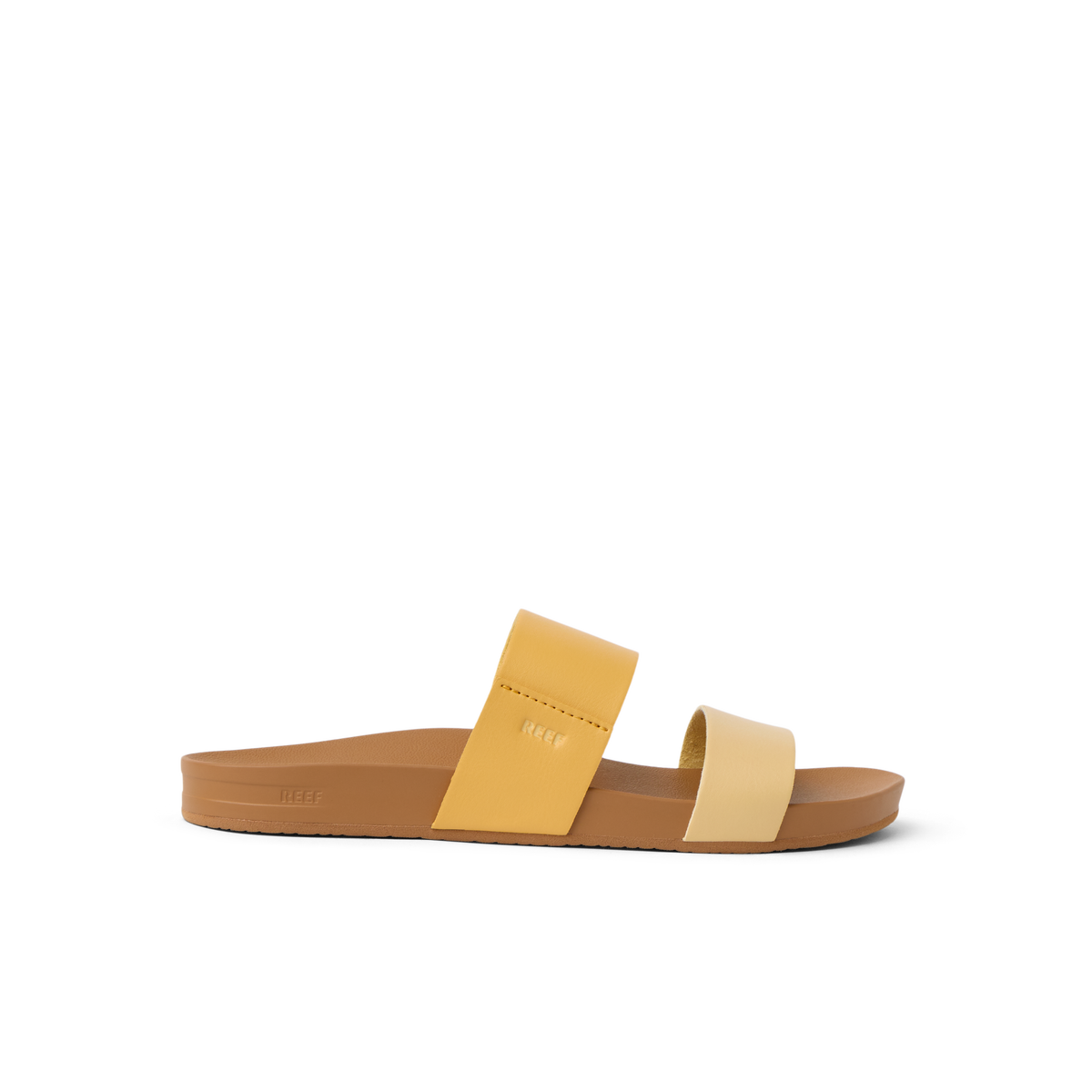Cushion Vista women's sandal facing right with golden apricot straps, soft cushioning, and arch support for beach comfort.