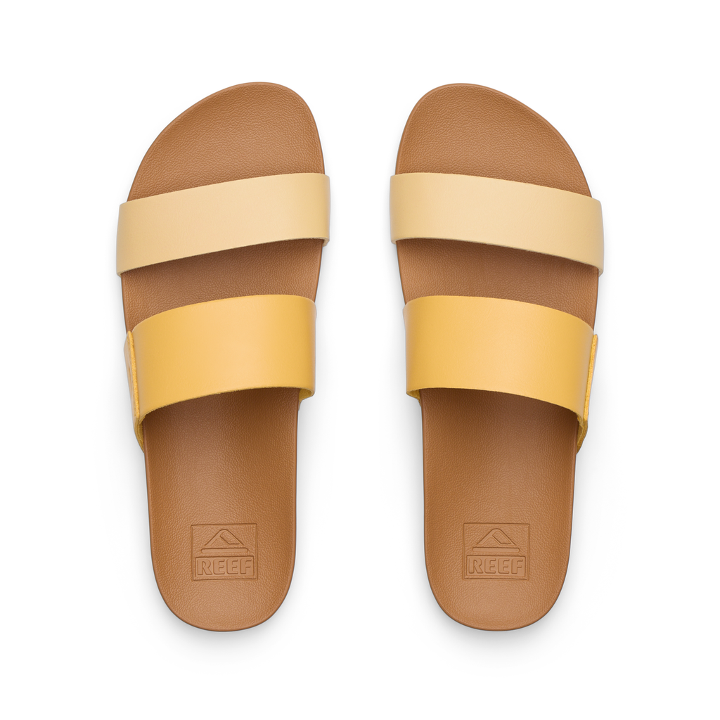 Top view of women's Cushion Vista slide sandals in golden apricot tones with soft-rebound cushioning and arch support