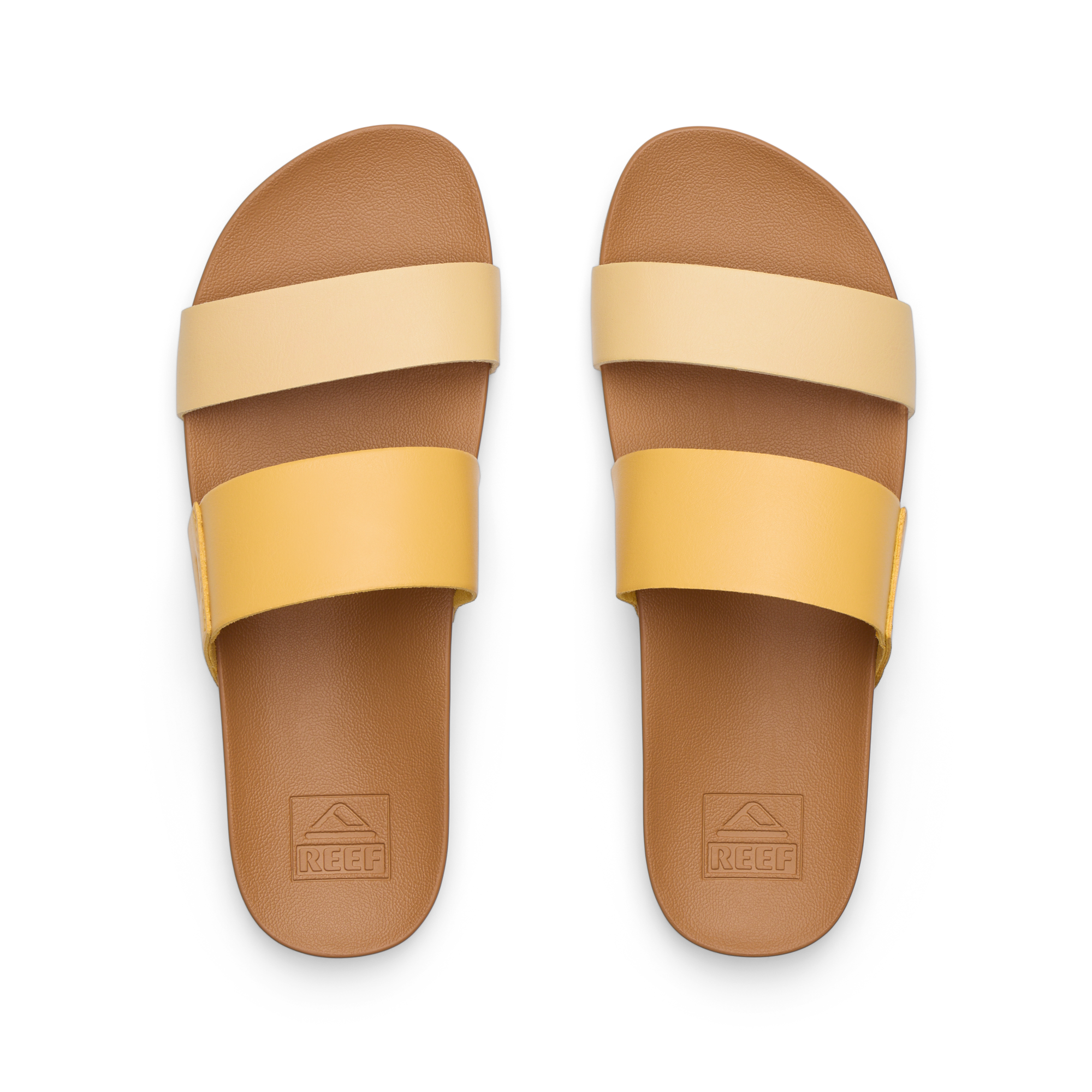Top view of women's Cushion Vista slide sandals in golden apricot tones with soft-rebound cushioning and arch support