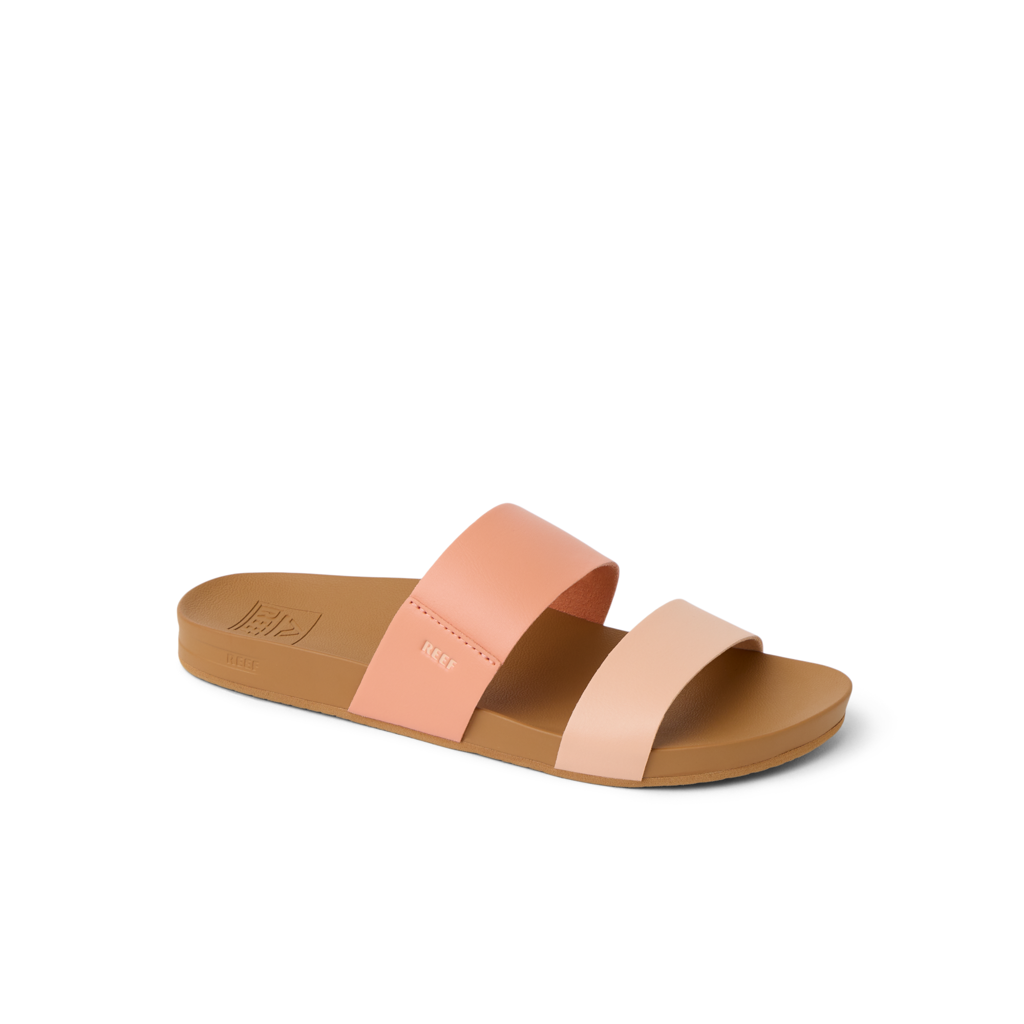 Cushion Vista women's slide sandal facing right with peach and light pink straps, soft-rebound cushioning, and arch support.