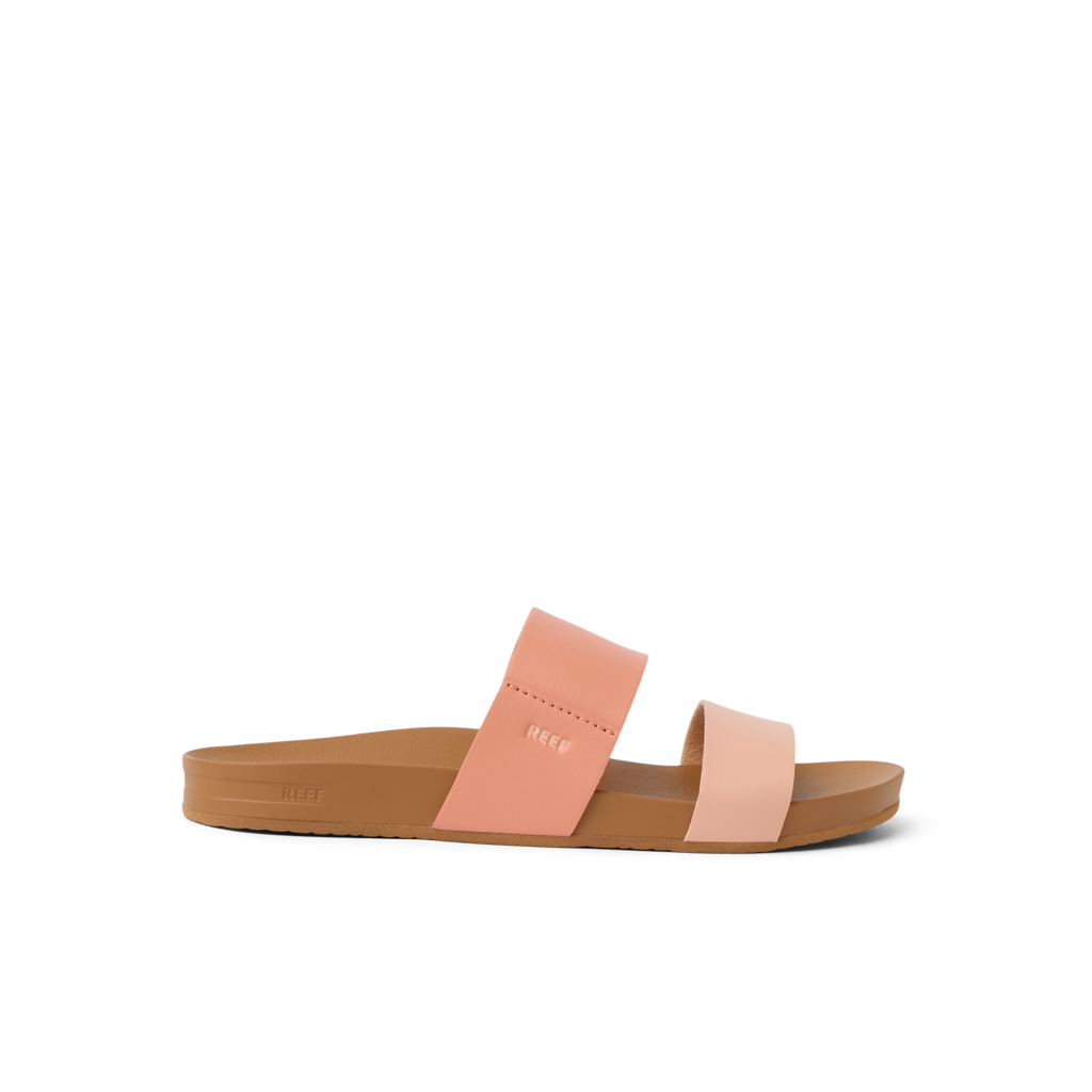 Cushion Vista women's sandal facing right with peach-tone straps, soft-rebound cushioning, and anatomical arch support.