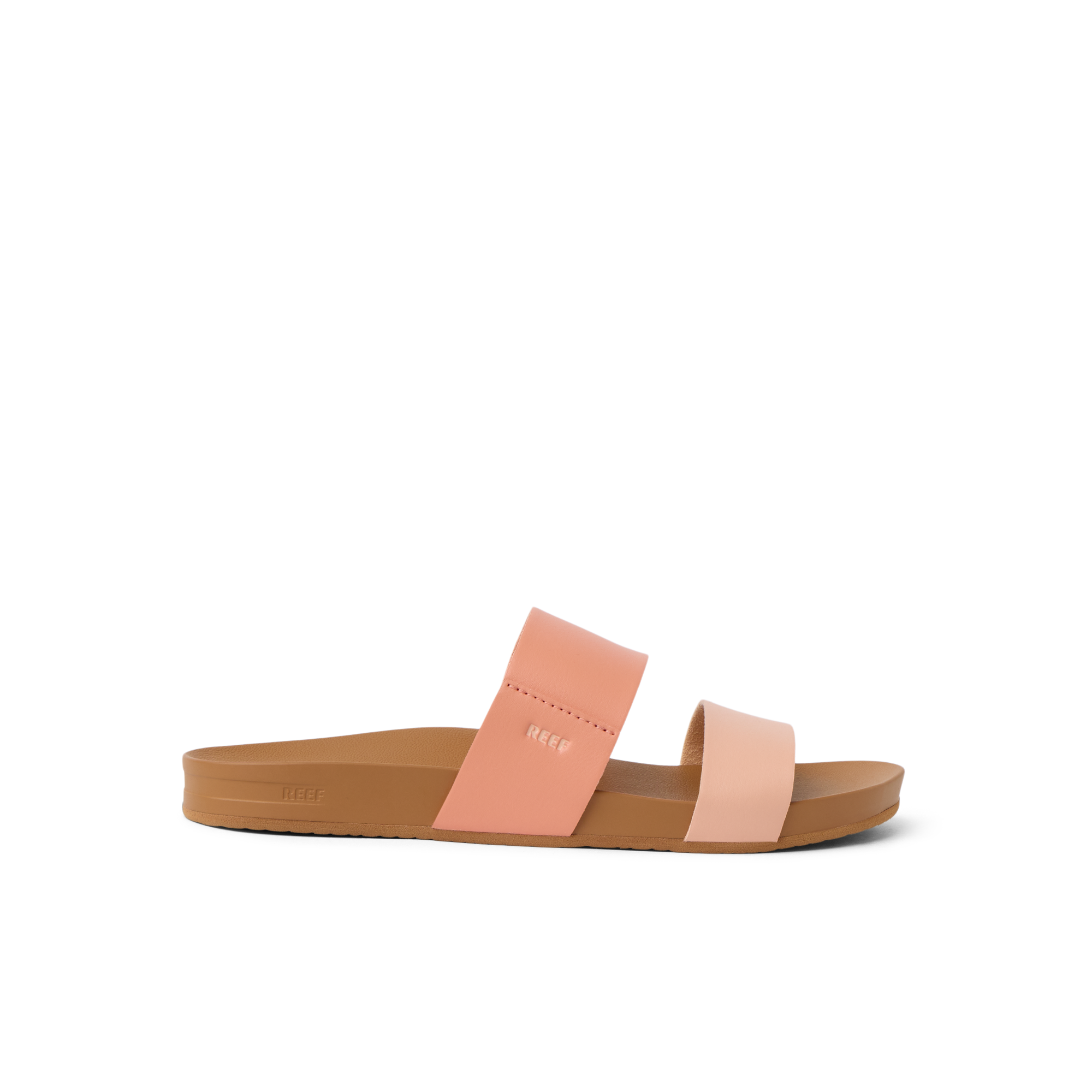 Cushion Vista women's sandal facing right with peach-tone straps, soft-rebound cushioning, and anatomical arch support.
