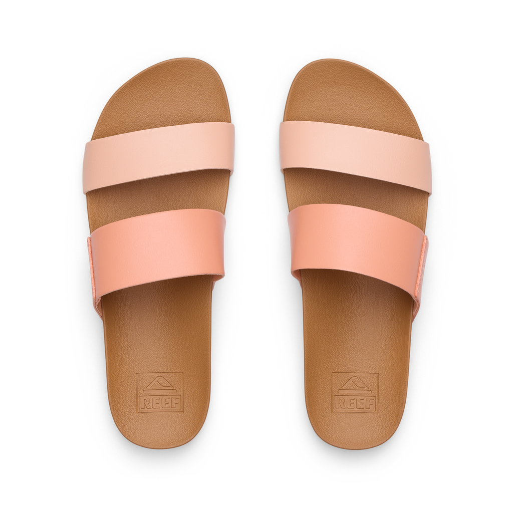 Top view of Cushion Vista women's sandals in peach tones with dual straps, featuring soft cushioning and anatomical arch support.