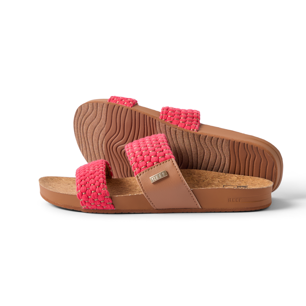 Cushion Vista women's sandals facing right, showing braided straps and cushioned sole with arch support, beach-inspired comfort.