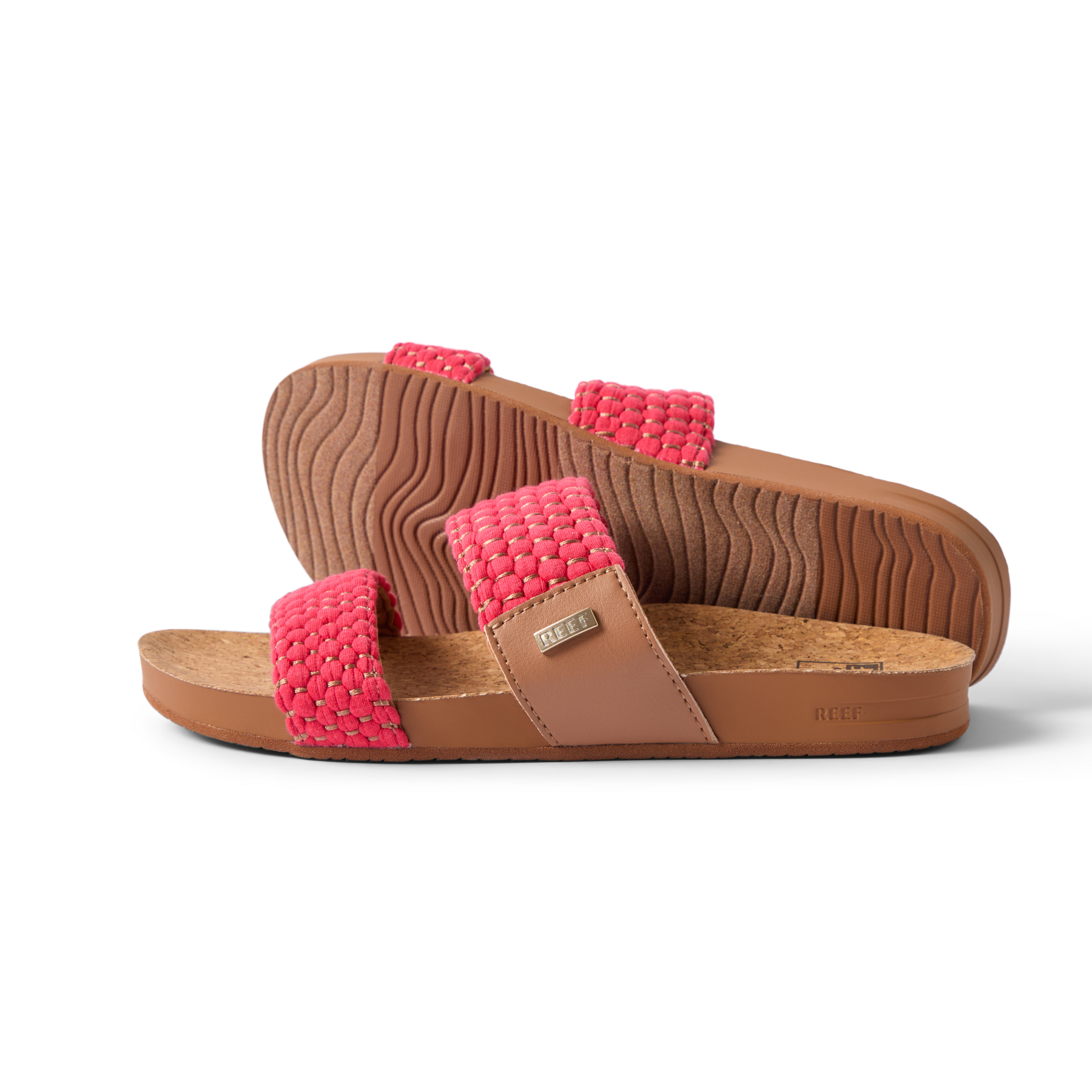 Cushion Vista women's sandals facing right, showing braided straps and cushioned sole with arch support, beach-inspired comfort.