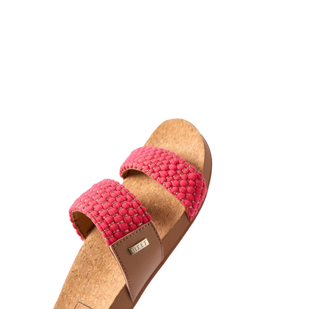 Cushion Vista women's sandal facing right with pink woven straps, cork footbed, and anatomical arch support close-up.