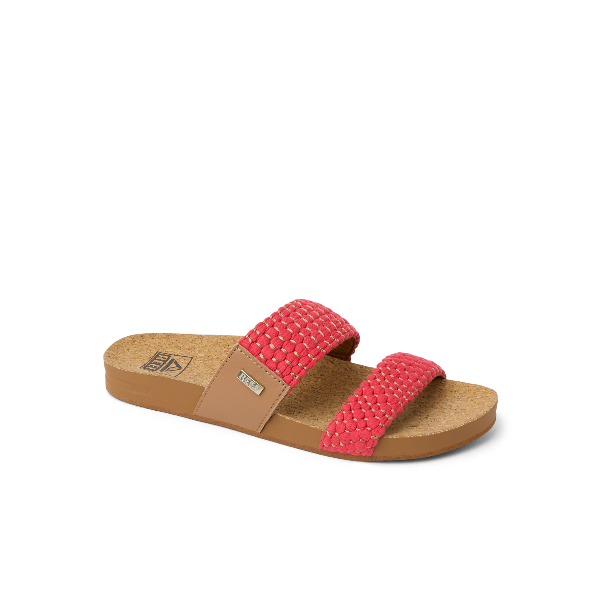 Cushion Vista women's sandal facing right with coral woven straps, anatomical arch support, and cushioned footbed for comfort.
