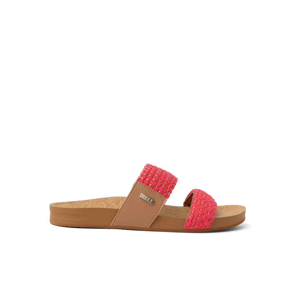 Cushion Vista women's sandal facing right with coral textured straps, anatomical arch support, and soft cushioning.