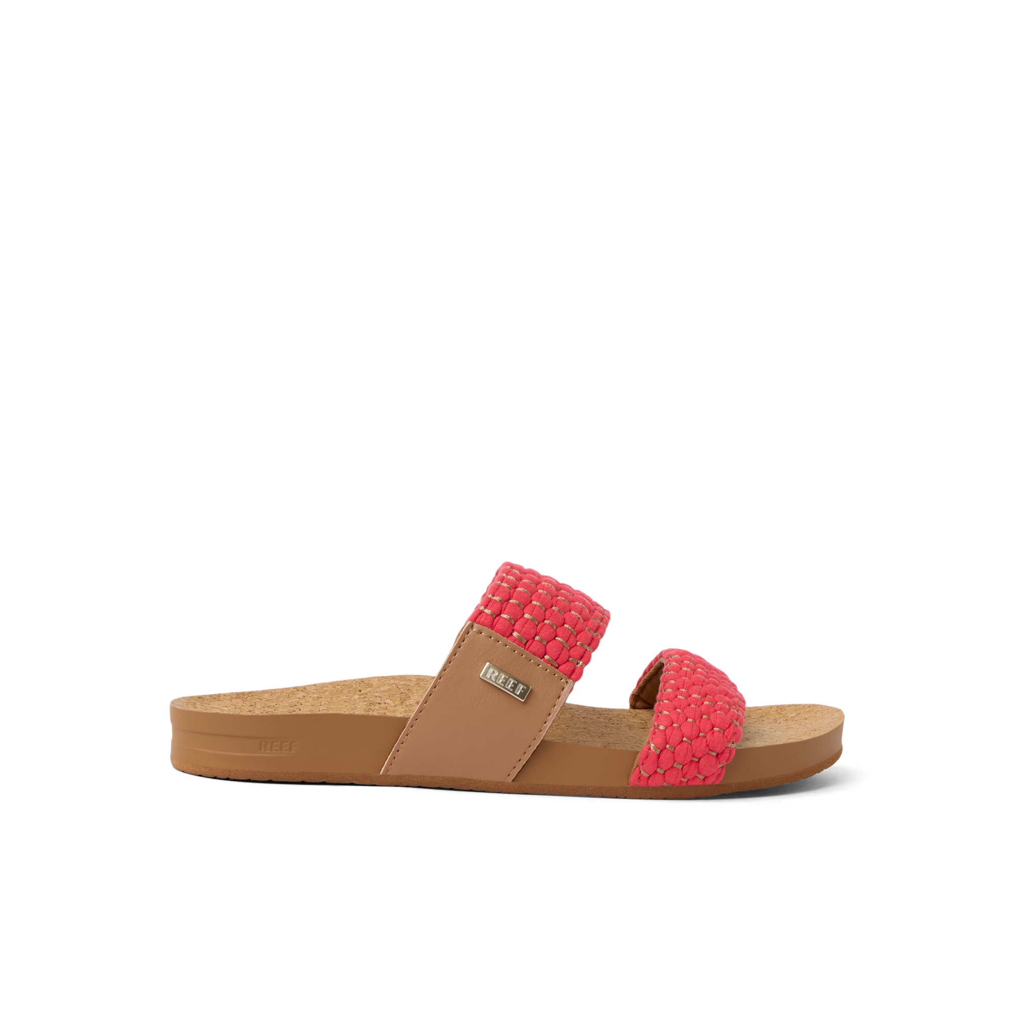 Cushion Vista women's sandal facing right with coral textured straps, anatomical arch support, and soft cushioning.