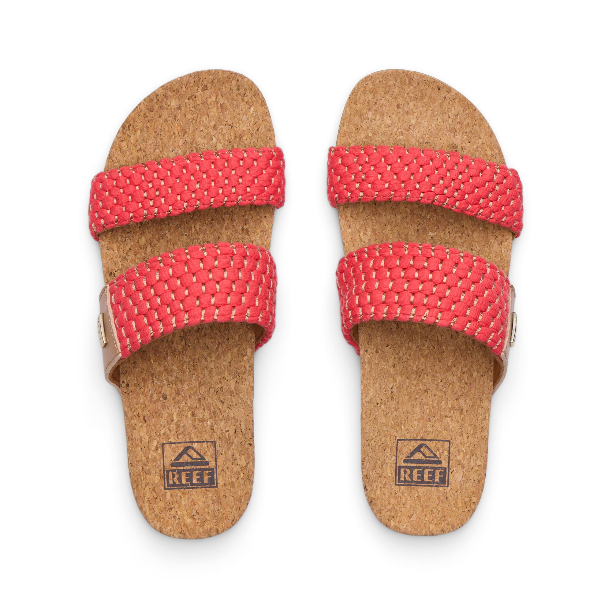 Top view of women's Cushion Vista sandals with coral woven straps and cork footbed, offering beach-inspired comfort and arch support.