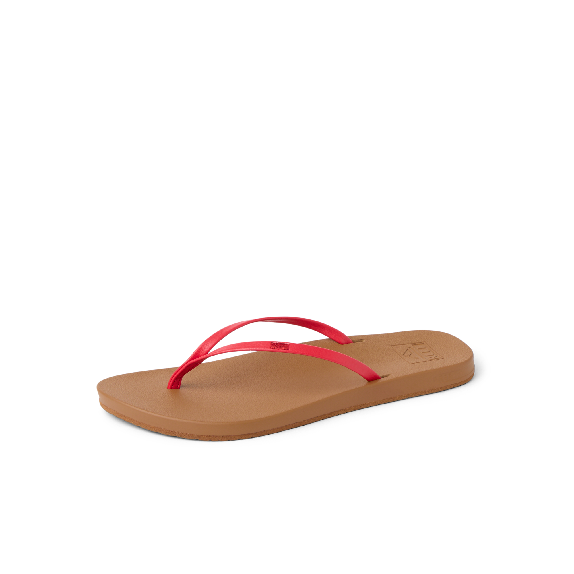 Cushion Slim women's sandal facing left with tan sole and red slim straps, featuring soft-rebound cushioning and arch support.