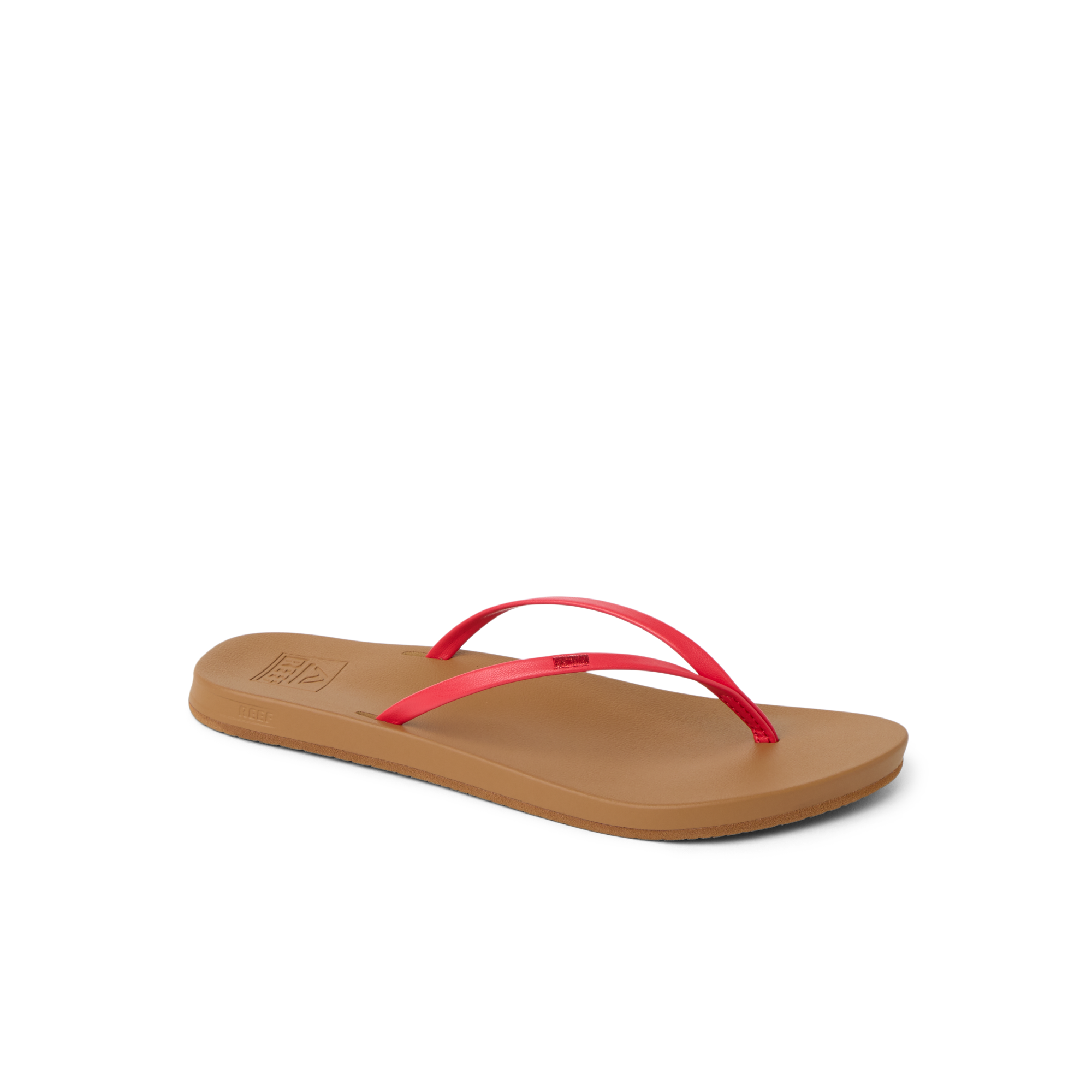 Cushion Slim women's sandal facing right with slim red straps and tan cushioned sole, water-friendly beach footwear.