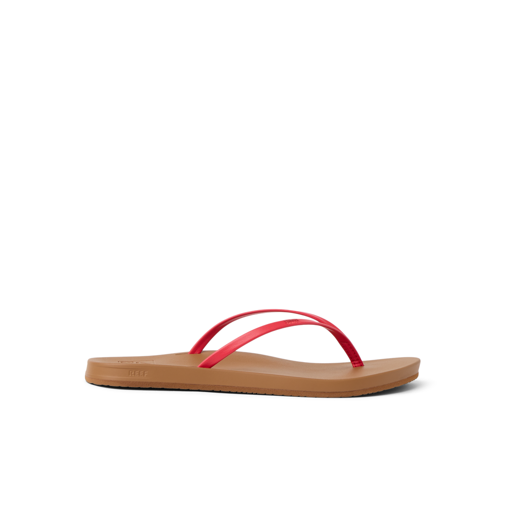 Cushion Slim women's sandal facing right, red straps on tan sole, water-friendly with anatomical arch support.