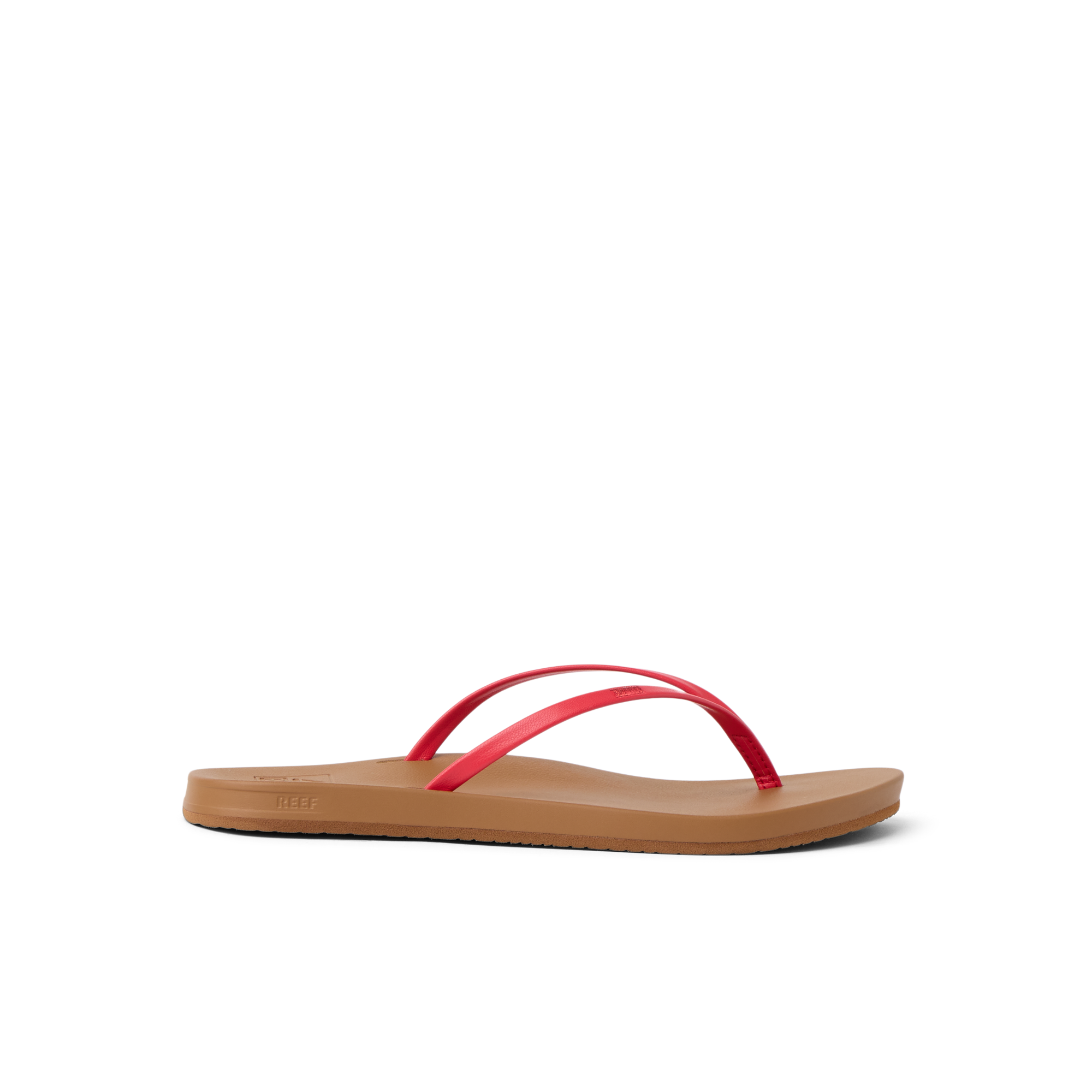 Cushion Slim women's sandal facing right, red straps on tan sole, water-friendly with anatomical arch support.