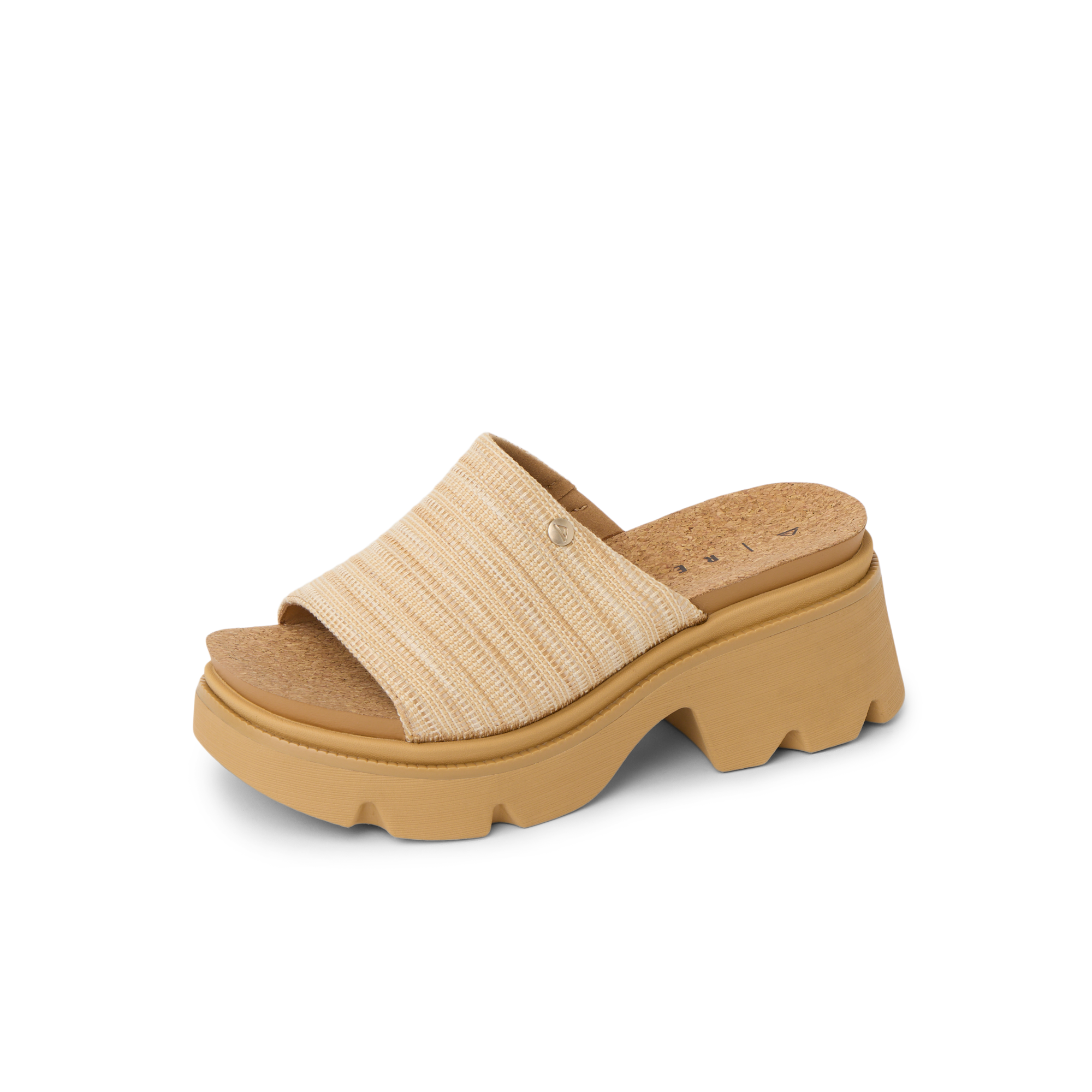 Vista Luxe Evie women’s sandal facing left, close-up of natural raffia upper with cushioned platform sole for beach comfort.