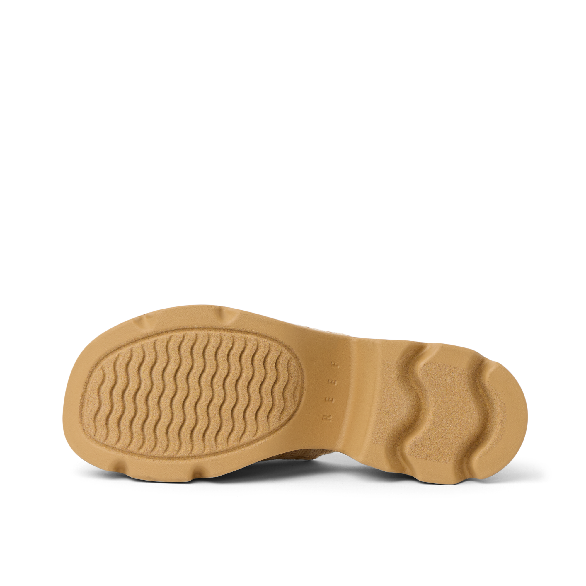 Vista Luxe Evie women's sandal showing the outsole facing up, highlighting durable, water-friendly traction pattern.