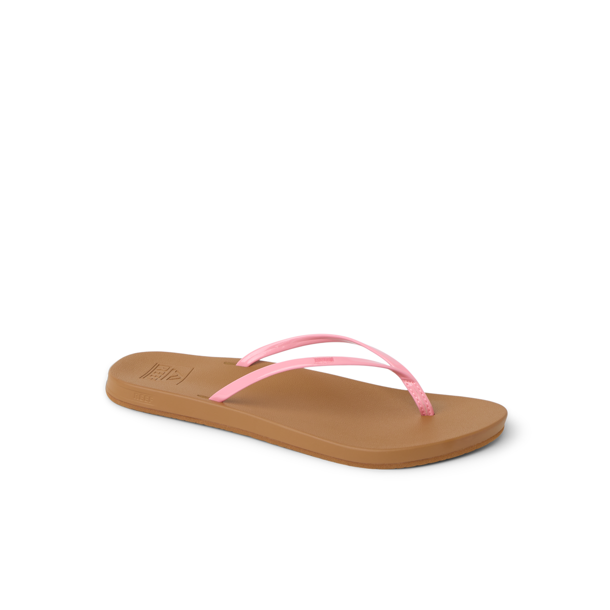Cushion Slim women's sandal with pink straps facing right, close-up of lightweight, beach-inspired, cushioned footbed.