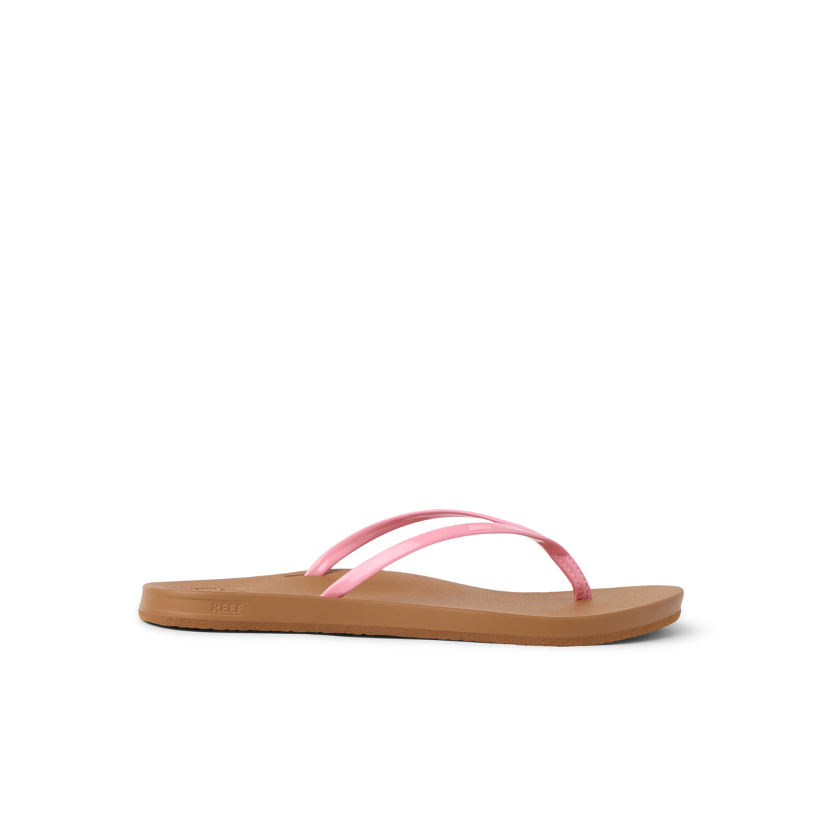 Cushion Slim women's sandal facing left, pink straps and brown sole with soft-rebound cushioning for beach comfort