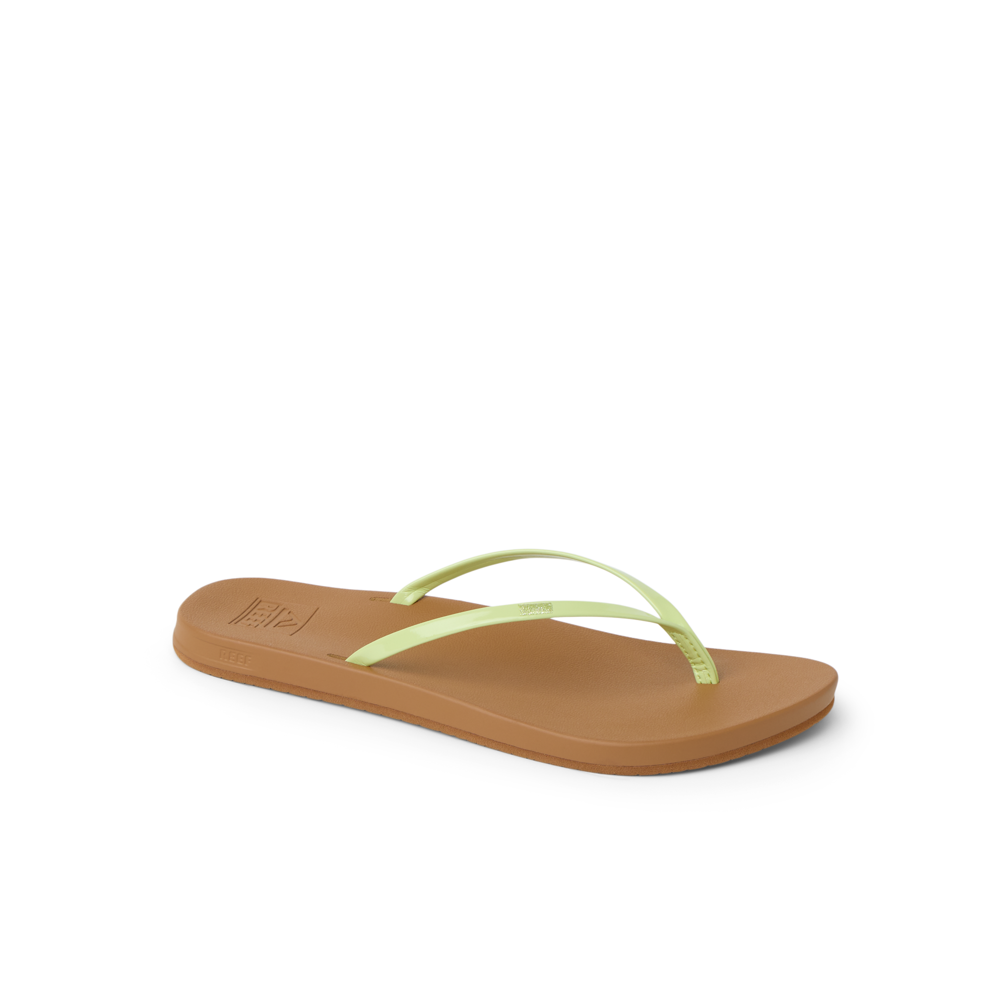 Cushion Slim women's sandal facing right, featuring lime sherbert straps and soft-rebound cushioning for beach comfort.