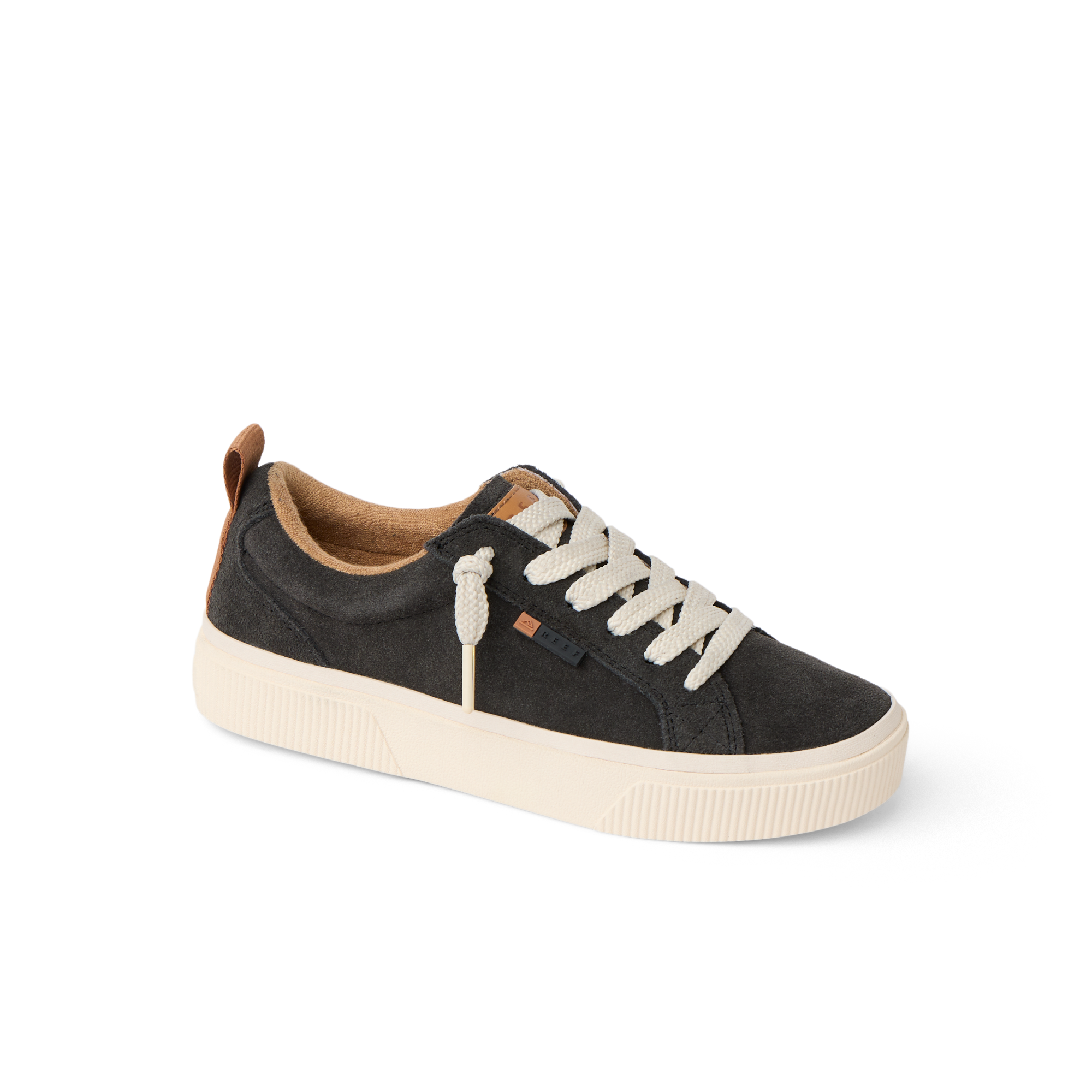 Lay Day Dawn women’s sneaker facing right with charcoal upper, white laces, cushioned sole, and arch support for comfort.