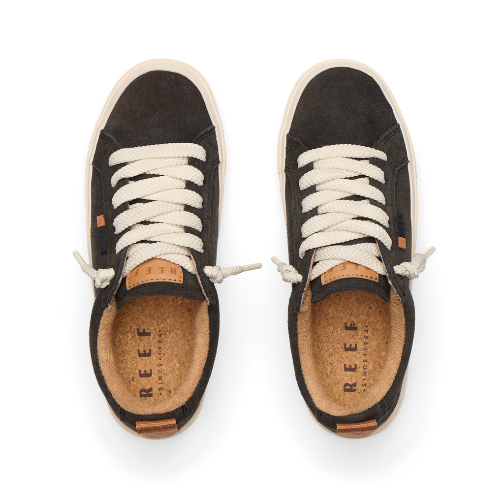 Top view of Lay Day Dawn women's charcoal sneakers with white laces, showcasing water-friendly materials and anatomical arch support.