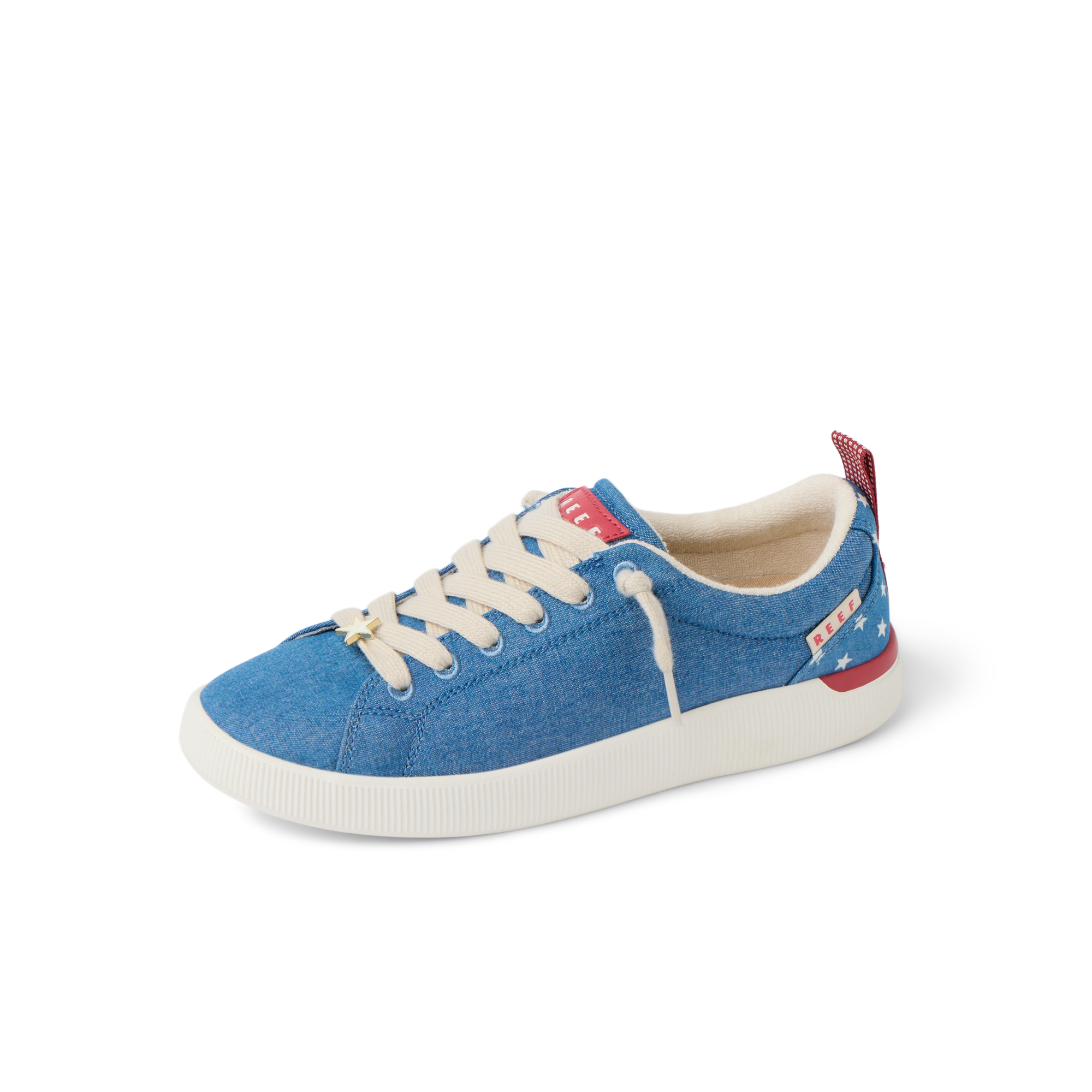 Neptune Alana women's sneaker facing left, blue with white sole, featuring arch support and soft cushioning for beach comfort.