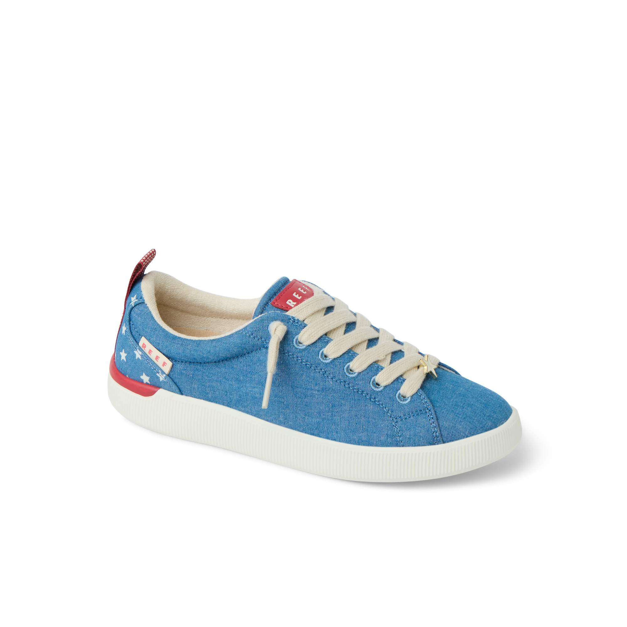 Neptune Alana women's blue sneaker facing right, featuring soft cushioning and arch support with star design accents.