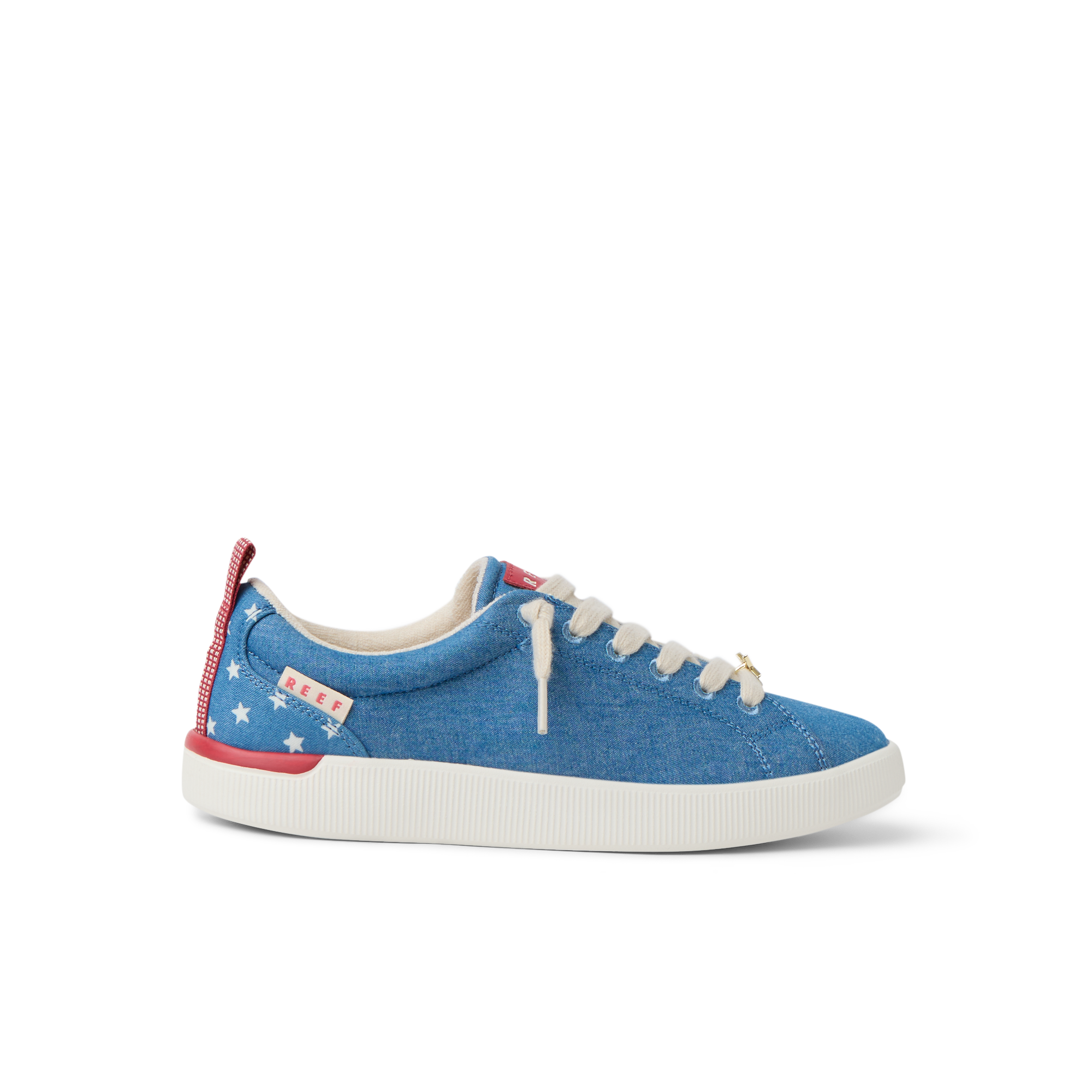 Neptune Alana sneaker facing left shows blue fabric with white stars, red heel tab, and comfortable lightweight design.
