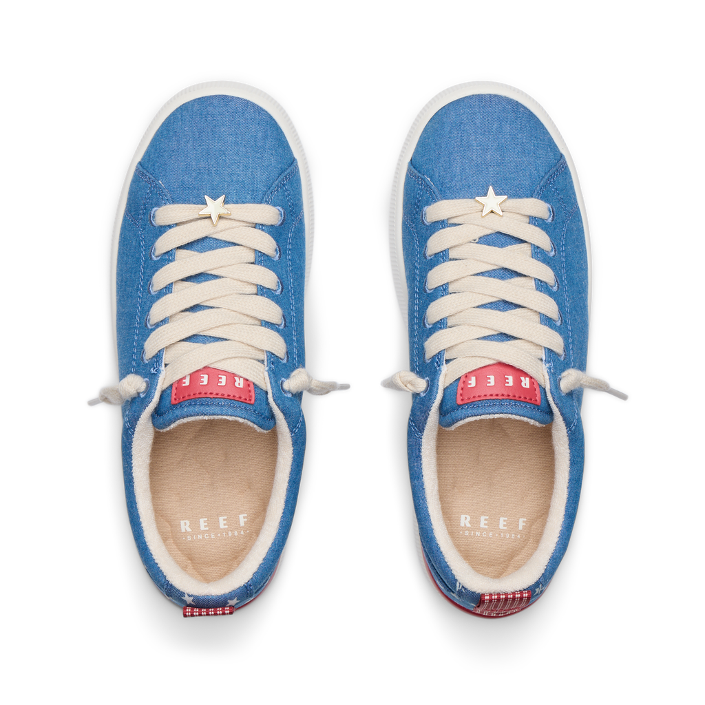 Top view close-up of Neptune Alana women’s sneakers in blue with star lace charm, comfort-focused and beach inspired.