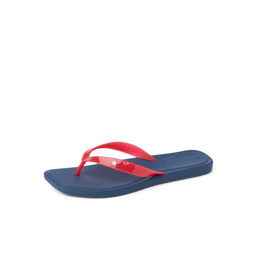 Solaye women's flip flop facing left with navy blue sole and red straps, featuring arch support and soft cushioning