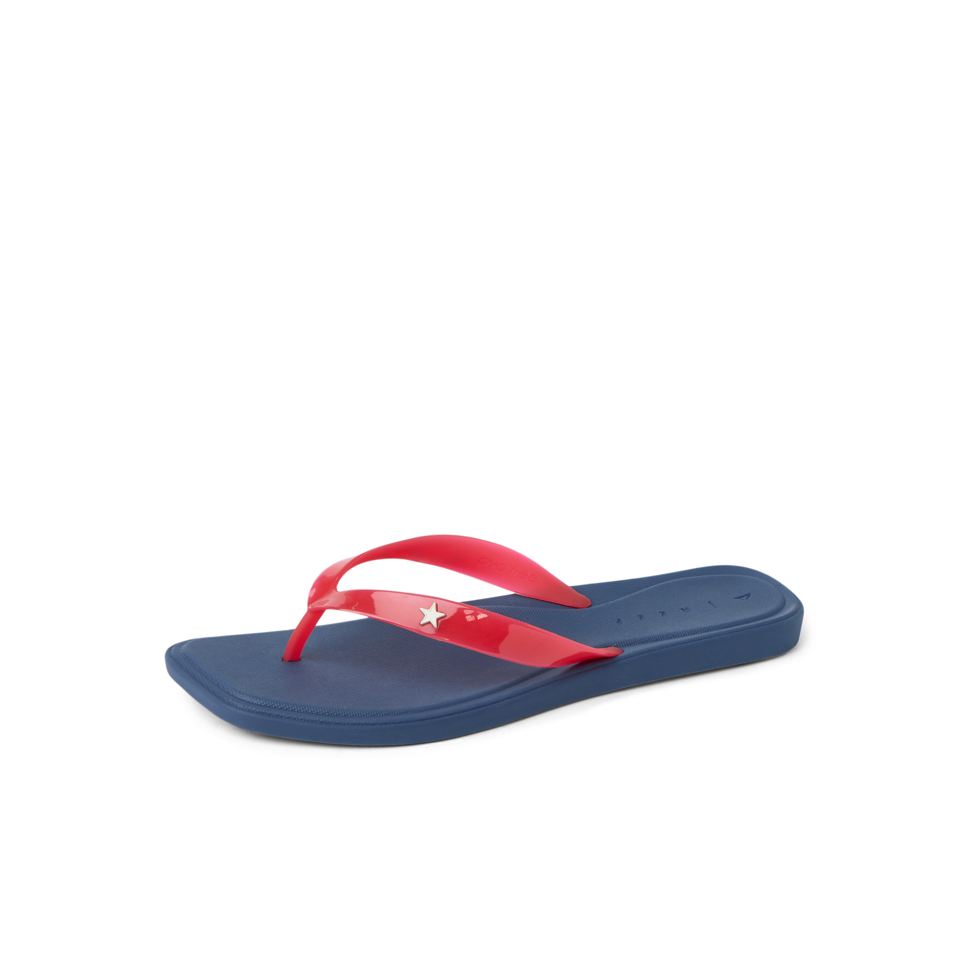 Solaye women's flip flop facing left with navy blue sole and red straps, featuring arch support and soft cushioning