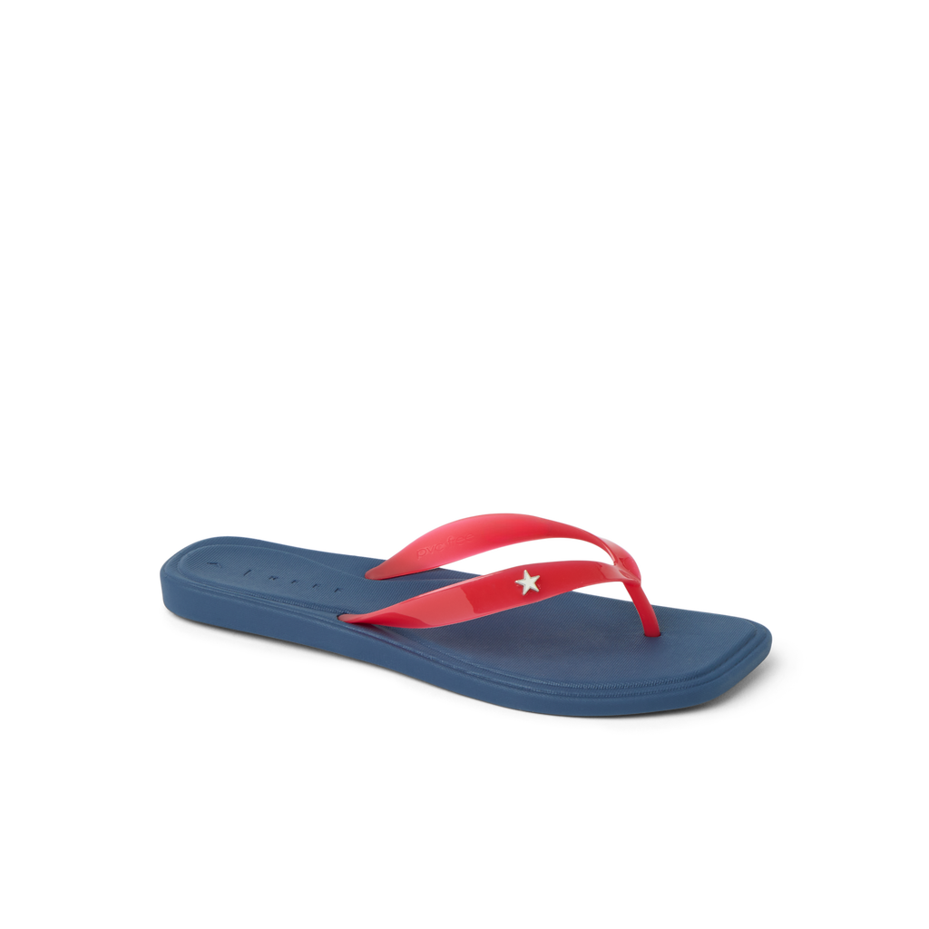 Solaye women's sandal facing right with blue footbed, red straps, star detail, soft-rebound cushioning for beach comfort