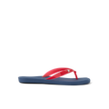 Solaye women's flip flop facing right with red straps and blue sole, surf-inspired comfort and arch support.