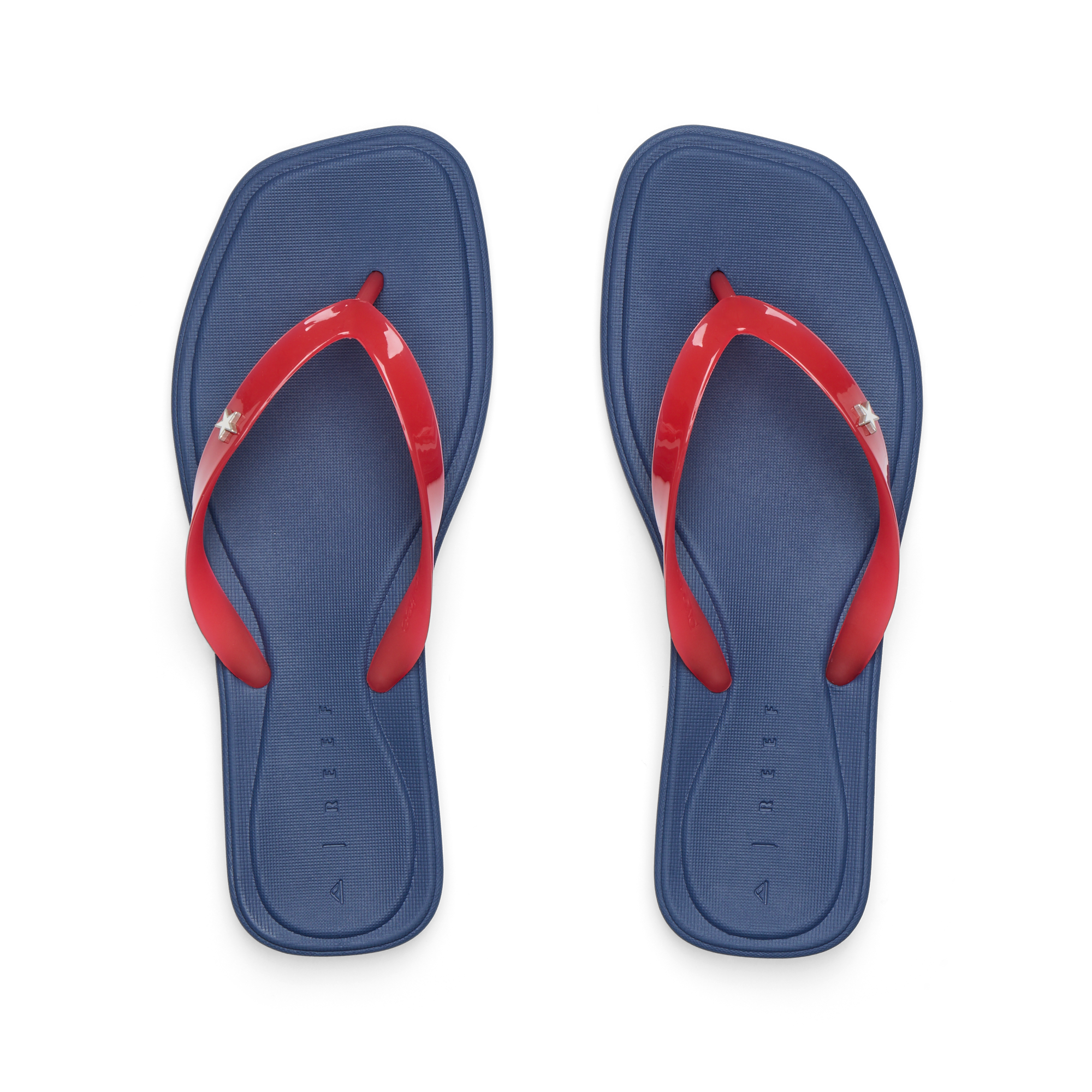 Solaye women's REEF flip flops top view, blue cushioned footbed with red straps, surf-inspired comfort sandals facing up.
