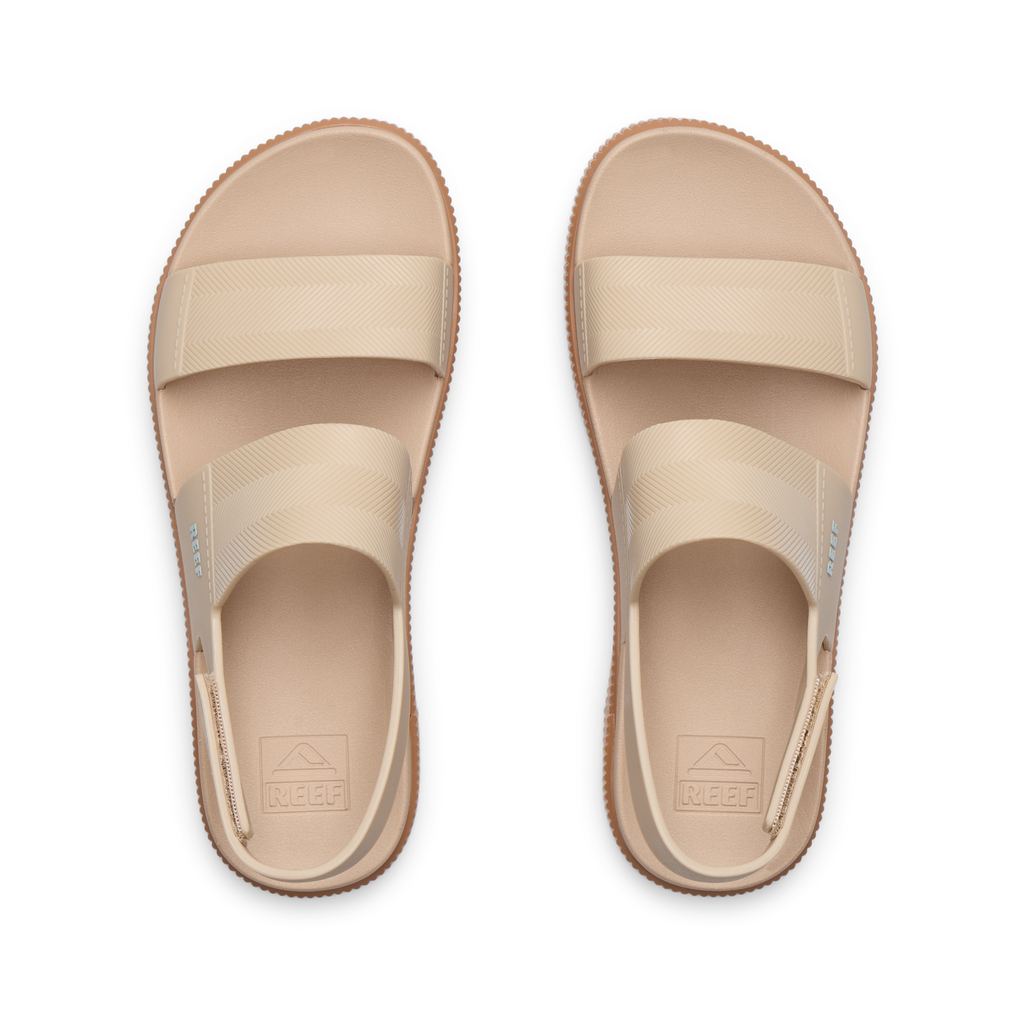 Top view of Water Vista Higher women's sandals in sand blue haze, water-friendly with soft cushioning and arch support.