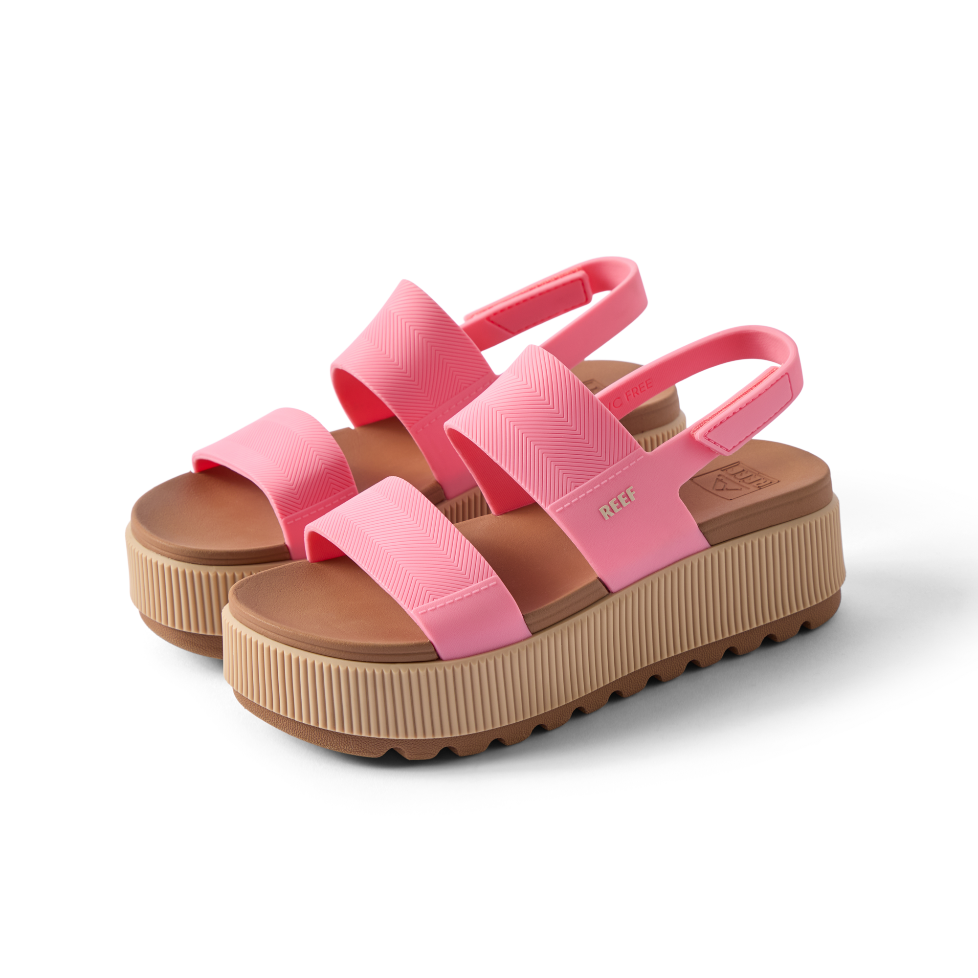 Water Vista Higher women's sandals facing right with pink straps, platform sole, and anatomical arch support for comfort.