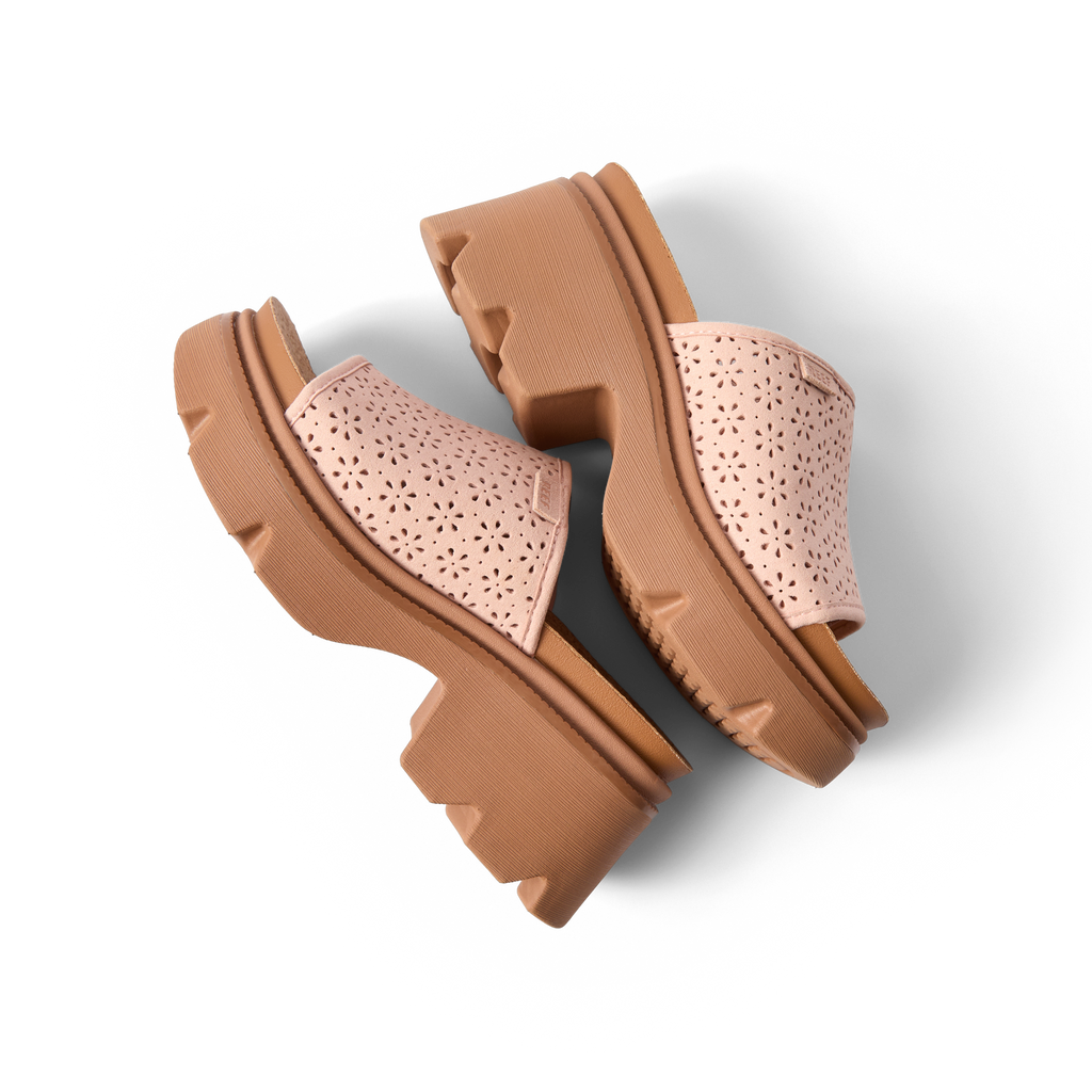 Vista Luxe Evie women's sandals facing left, close-up on upper perforated design and thick cushioned sole.