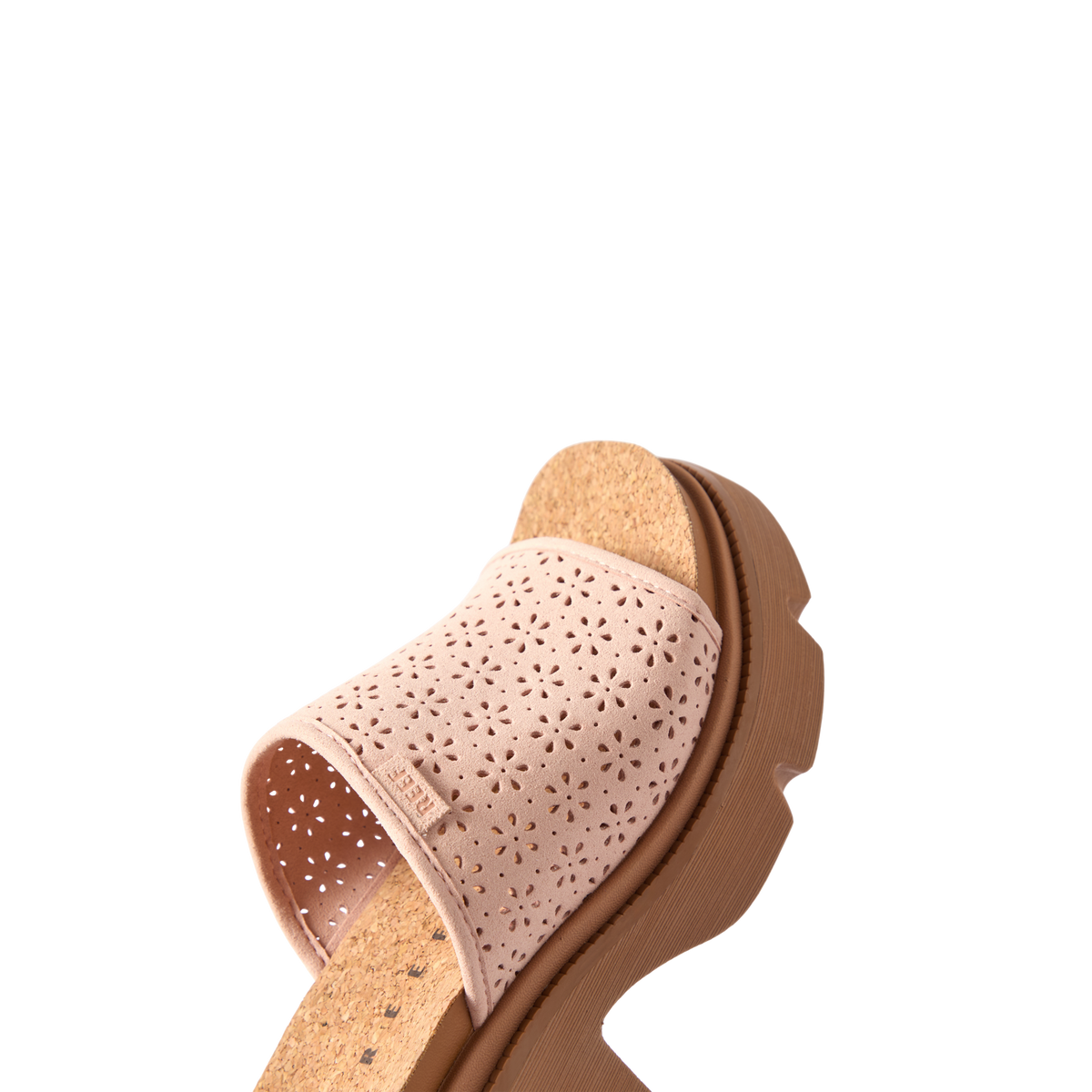 Vista Luxe Evie women's sandal facing left, close-up of front upper with floral cutout design and cushioned footbed.