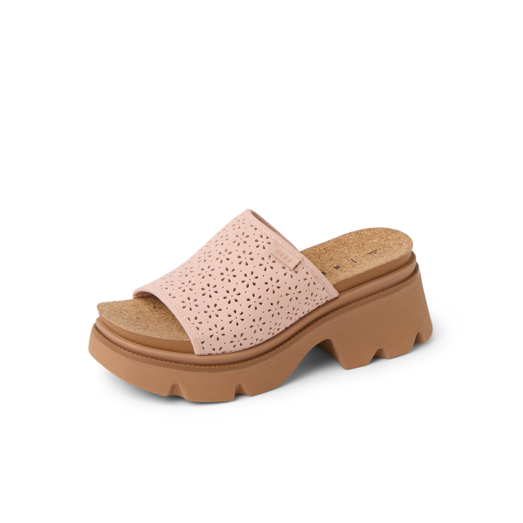 Vista Luxe Evie women's sandal facing left, close-up on perforated soft rose upper and cushioned platform sole.