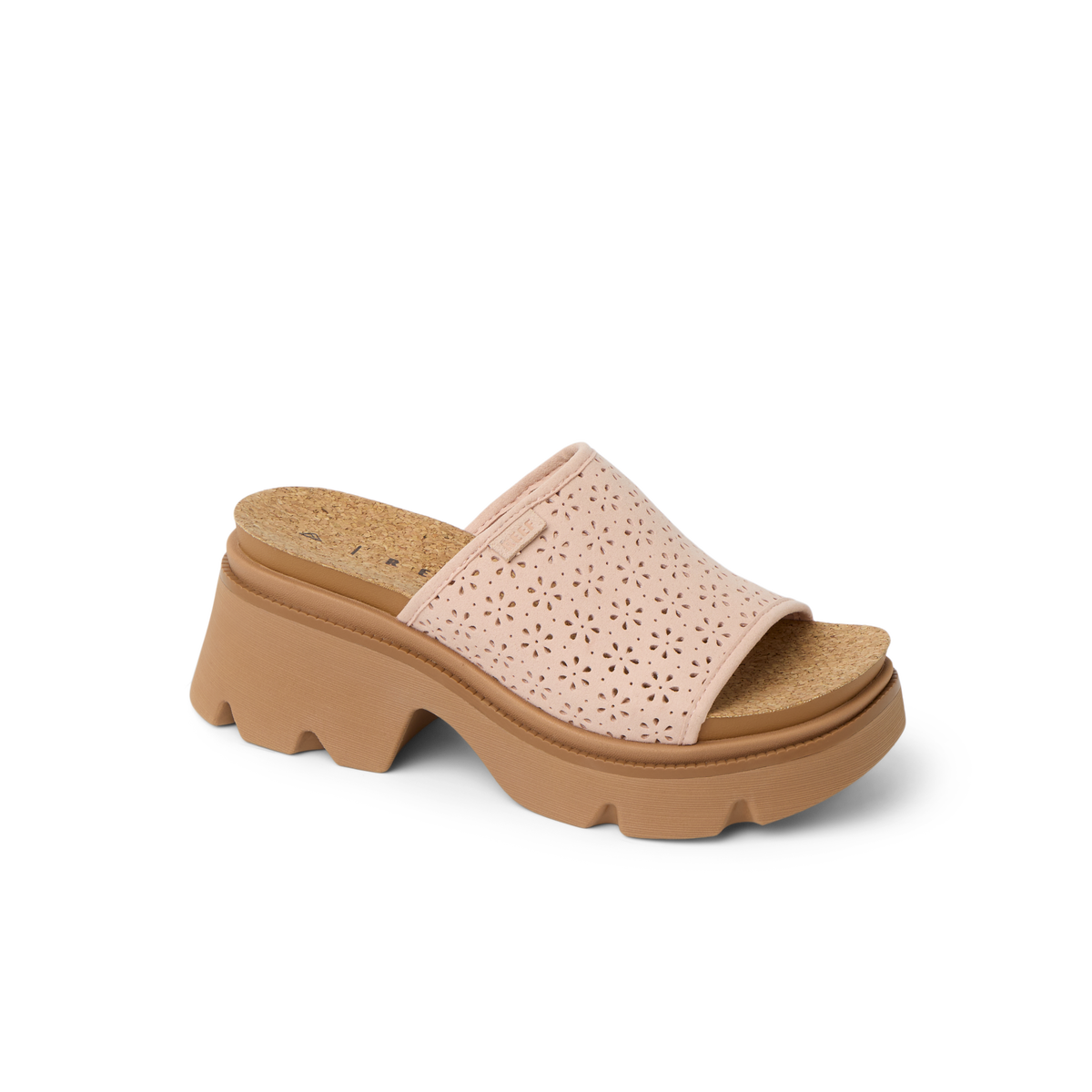 Vista Luxe Evie women's sandal facing right, close-up on perforated blush upper with cushioned cork footbed and chunky sole.